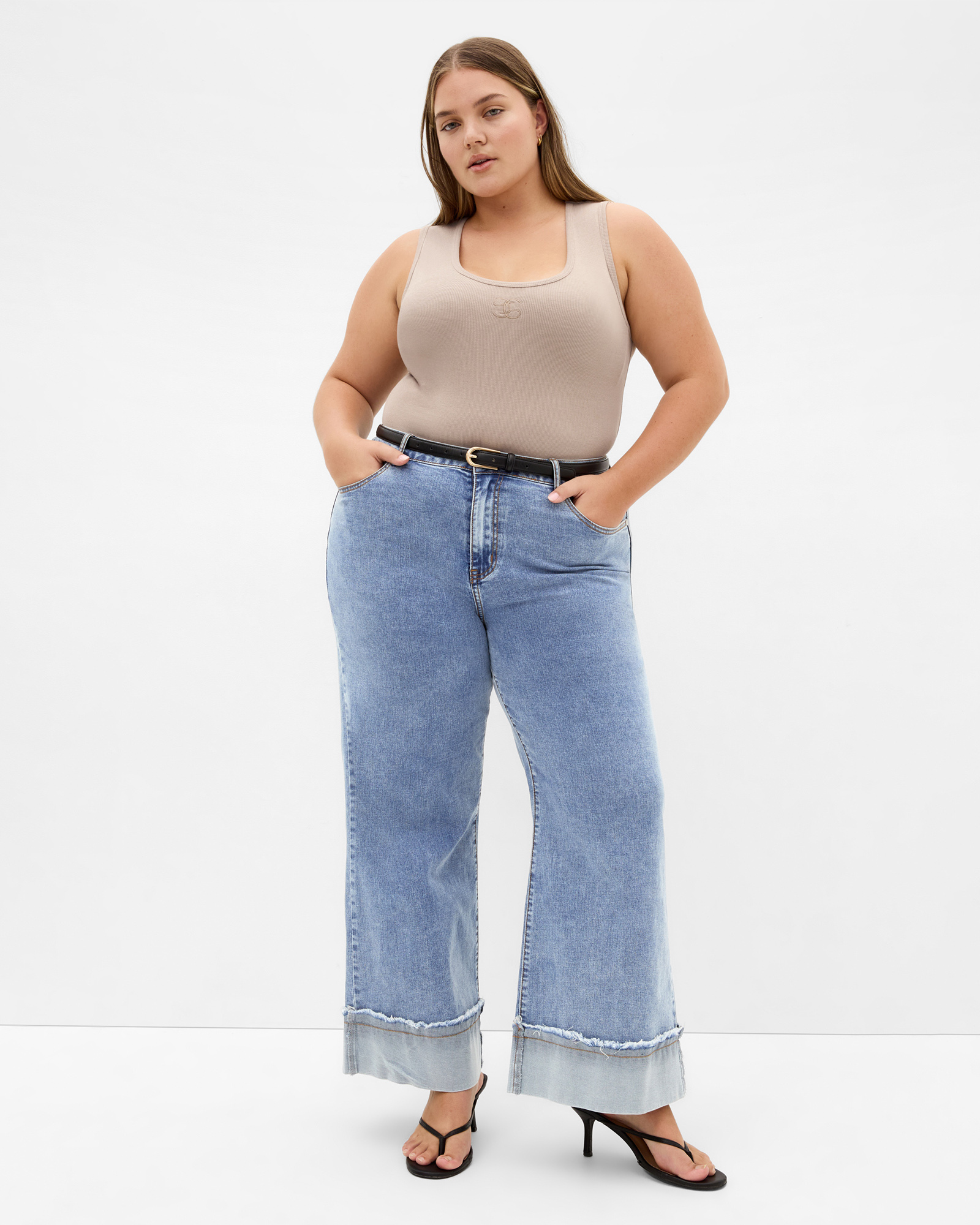 Plus size Tara Motif Rib Tank - stone
