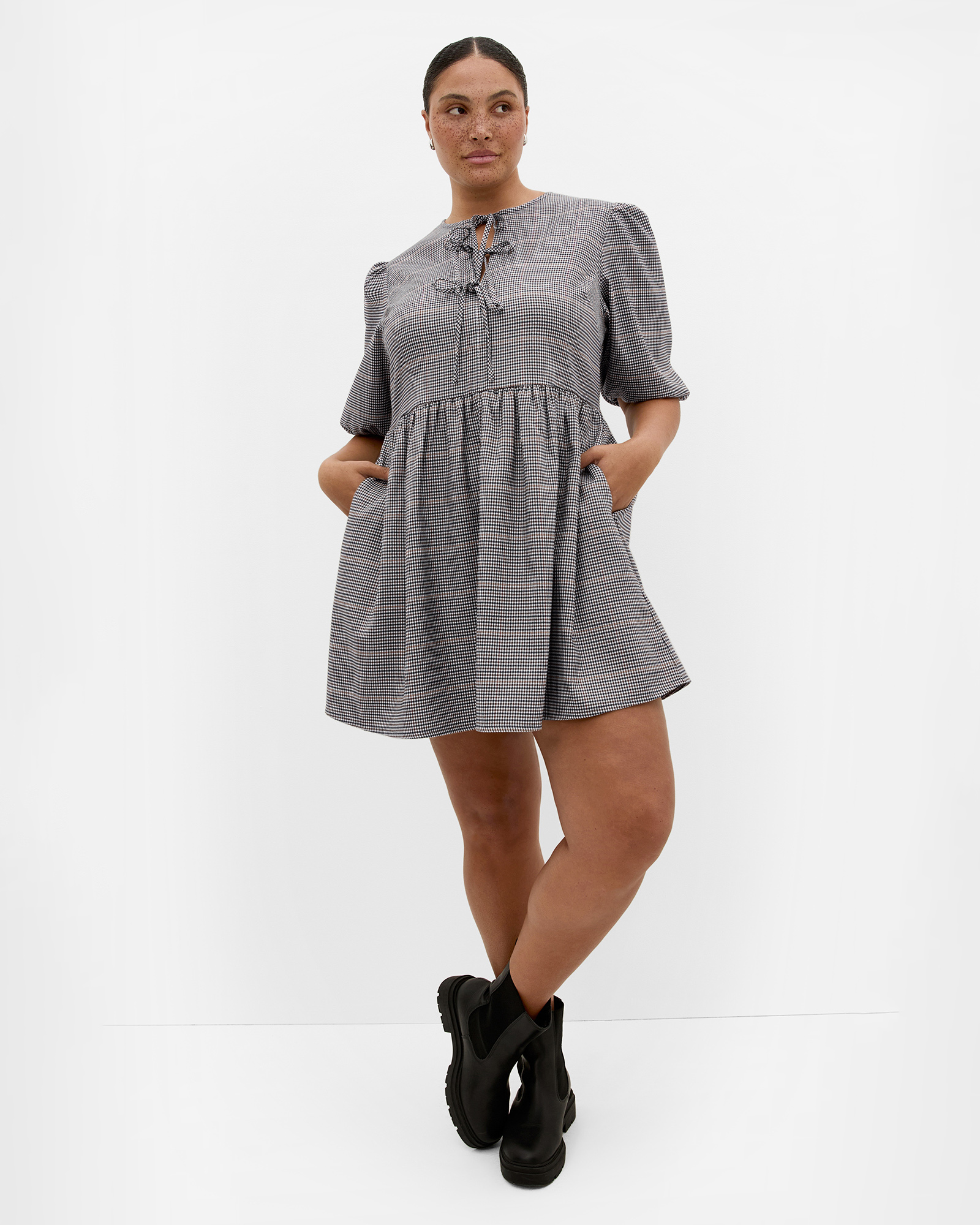 Plus size Check Tie Mini Dress - navy