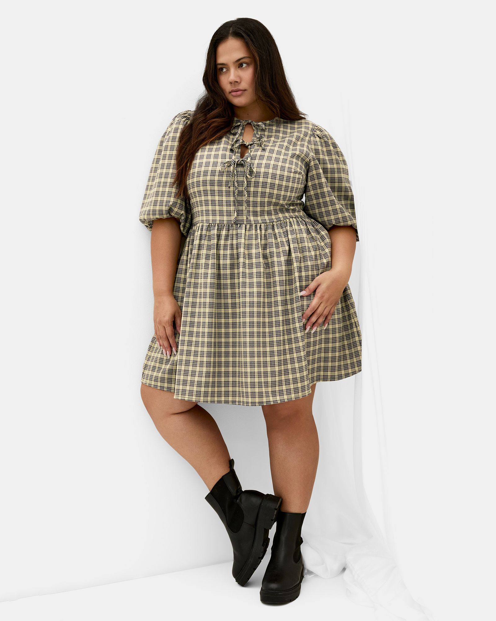 Plus size Check Tie Mini Dress - butter