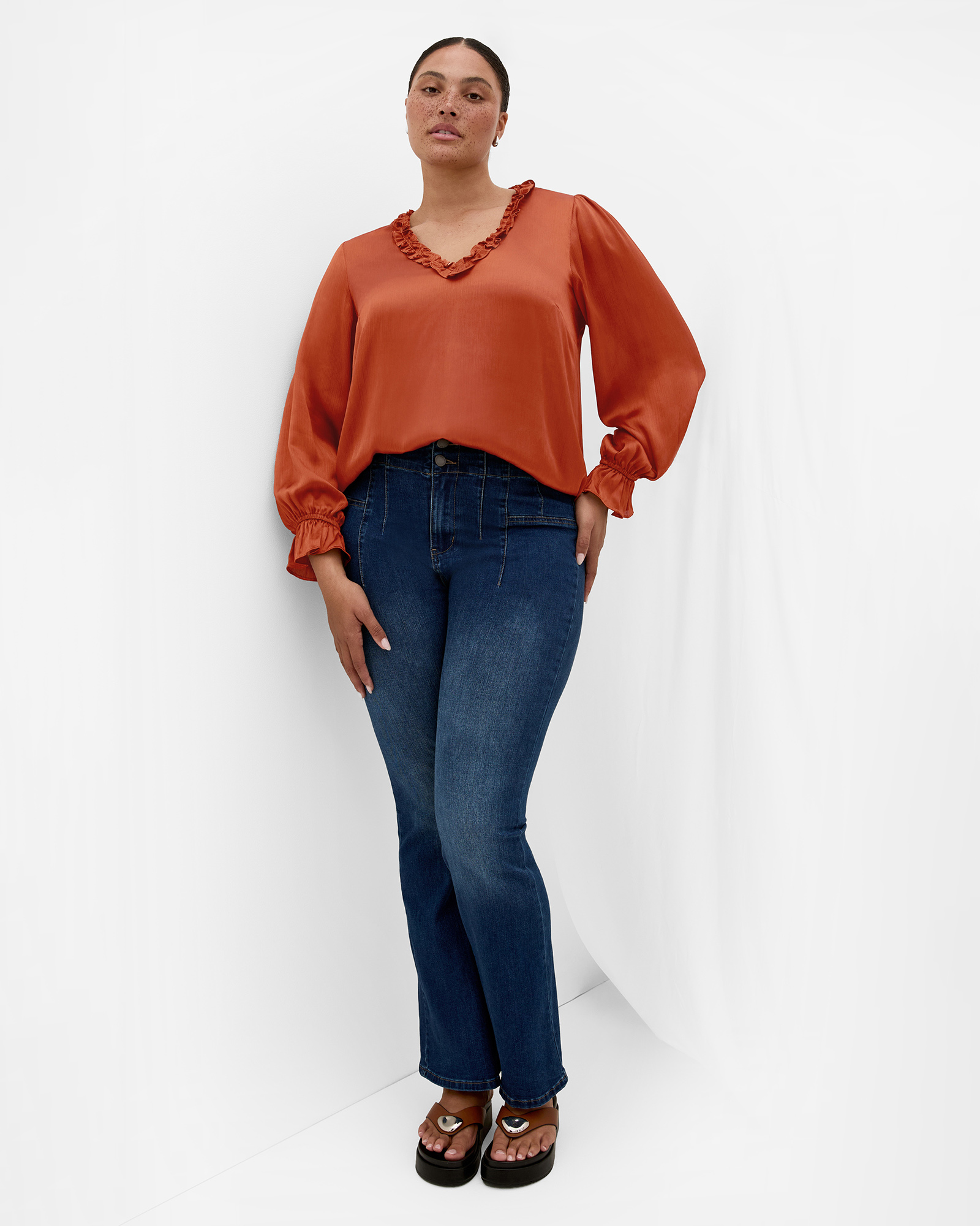 Plus size Maia Ruffle V Neck Top - toffee