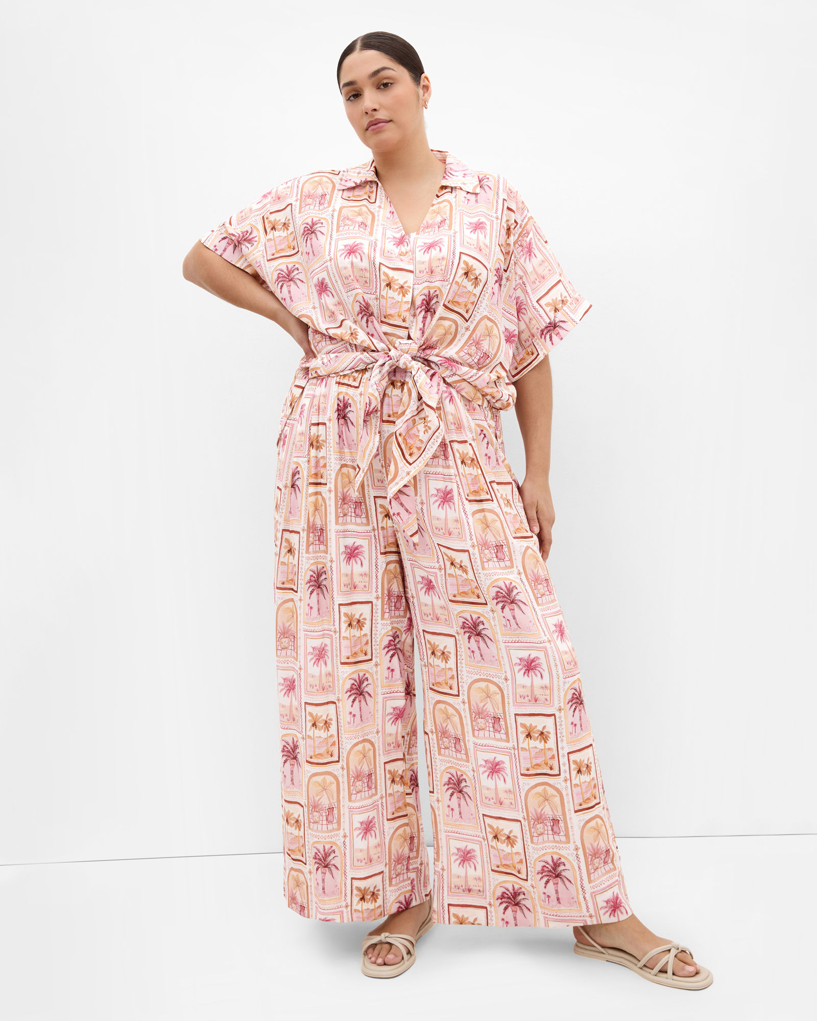 Postcard Print Wide Leg Pant