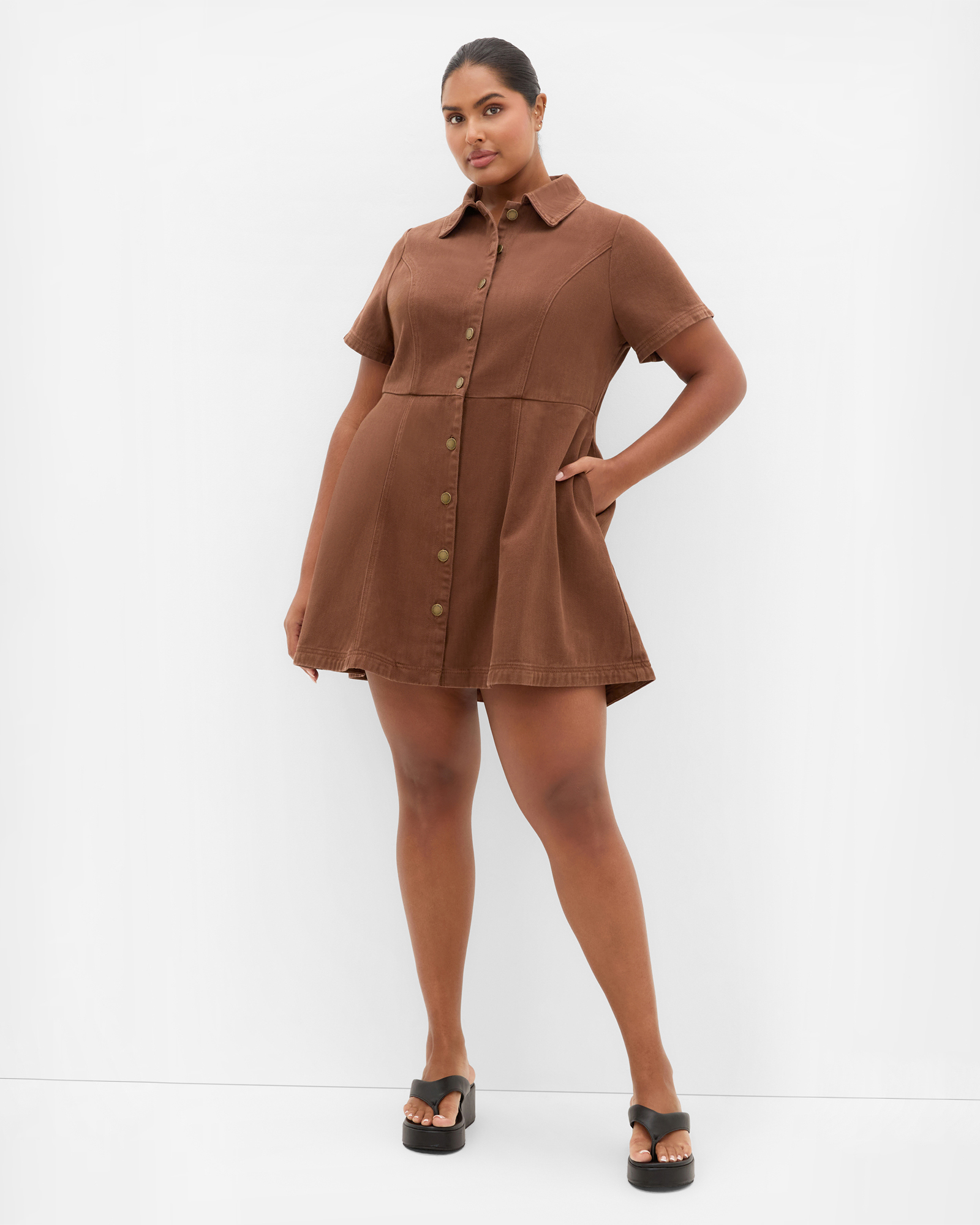 Plus sizeLeia Short Sleeve Drill Mini Dress - chocolate