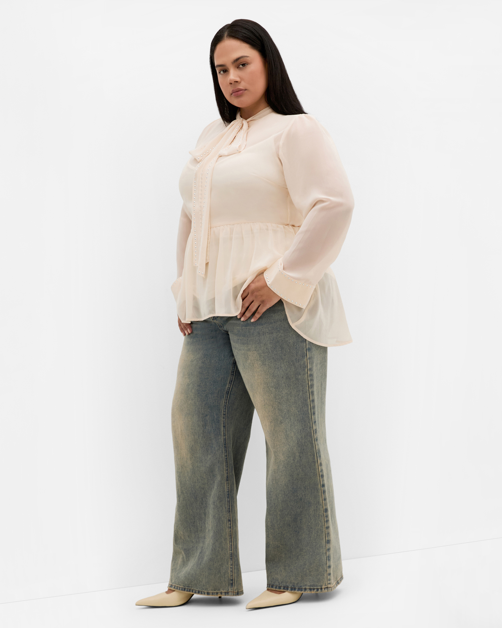 Plus size Kara Stud Tie Neck Top - cream