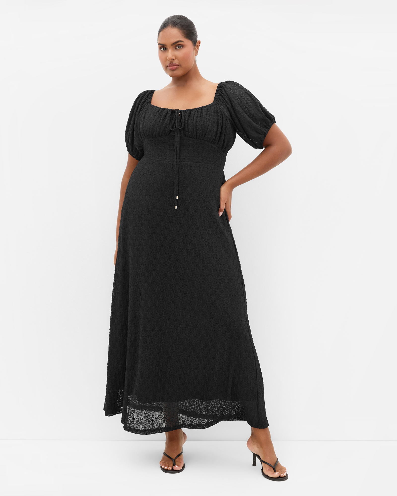 Plus size Lani Lace Short Sleeve Midi Dress - black
