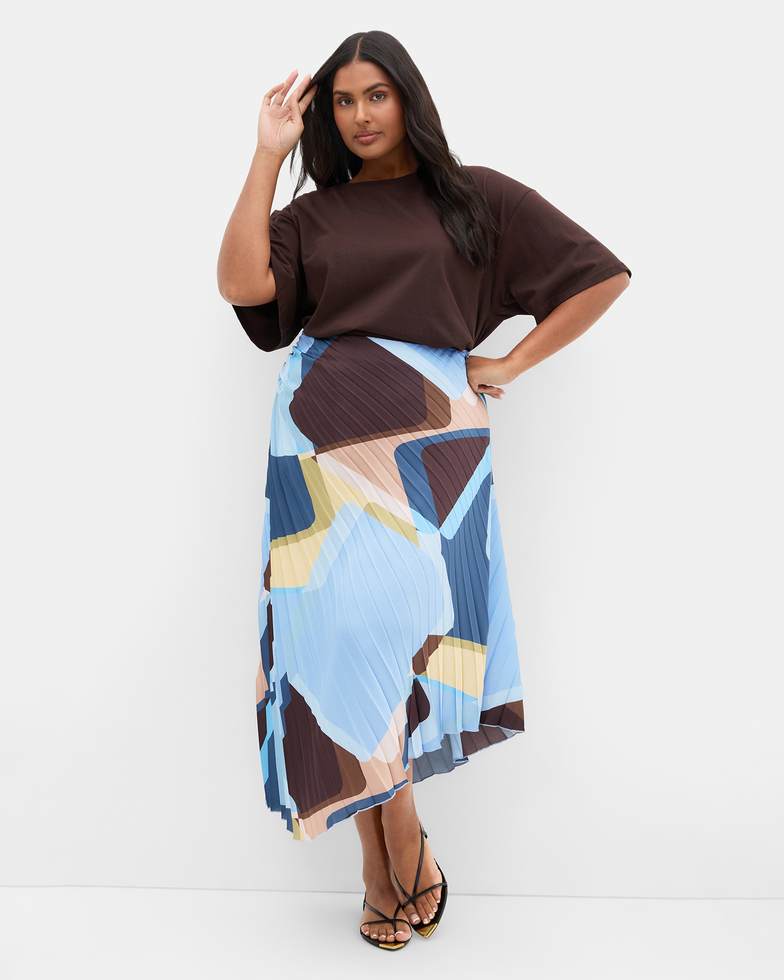 Plus size Amaya Abstract Print Pleat Skirt - blue