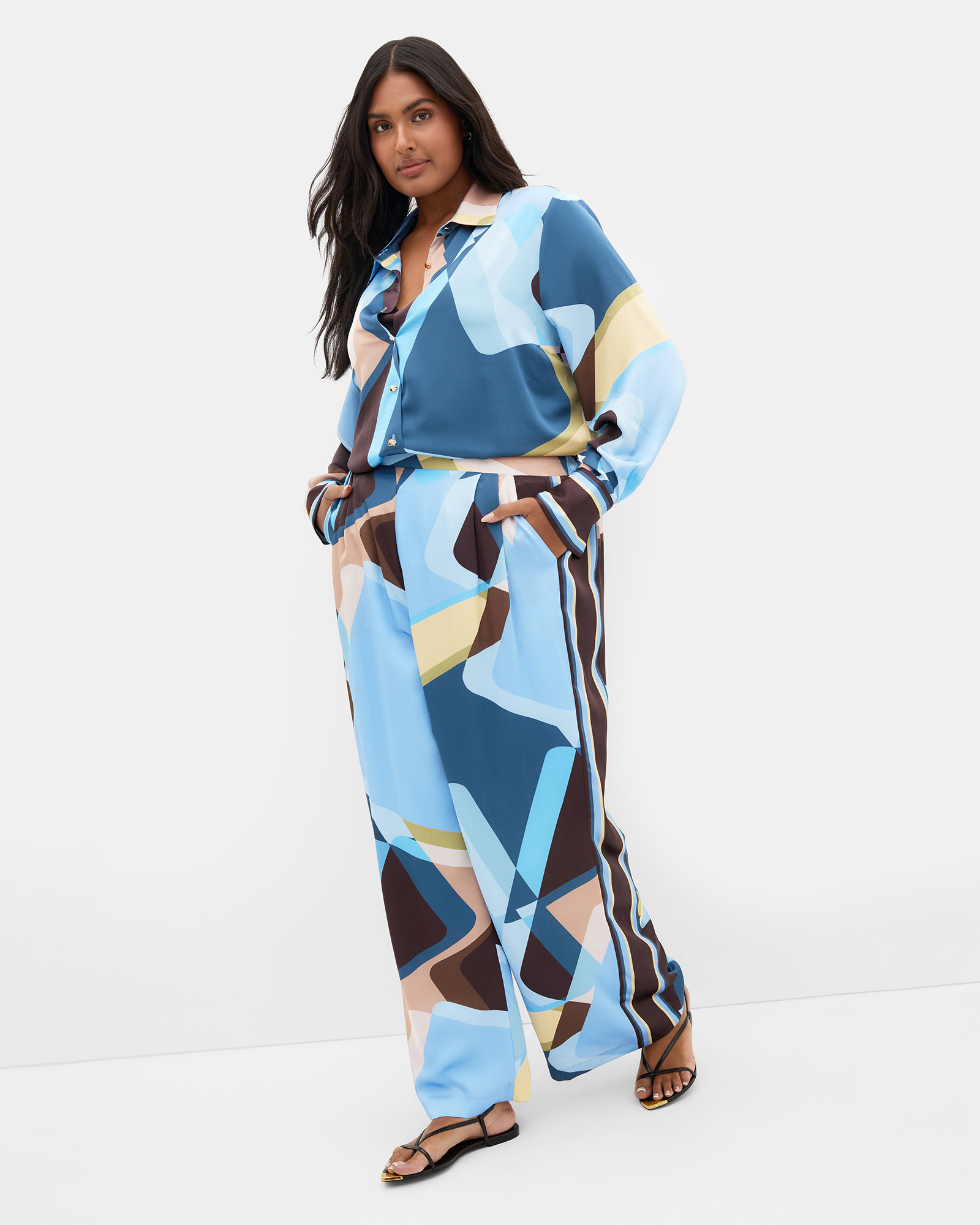 Plus size Amaya Abstract Print Wide Leg Pant - blue
