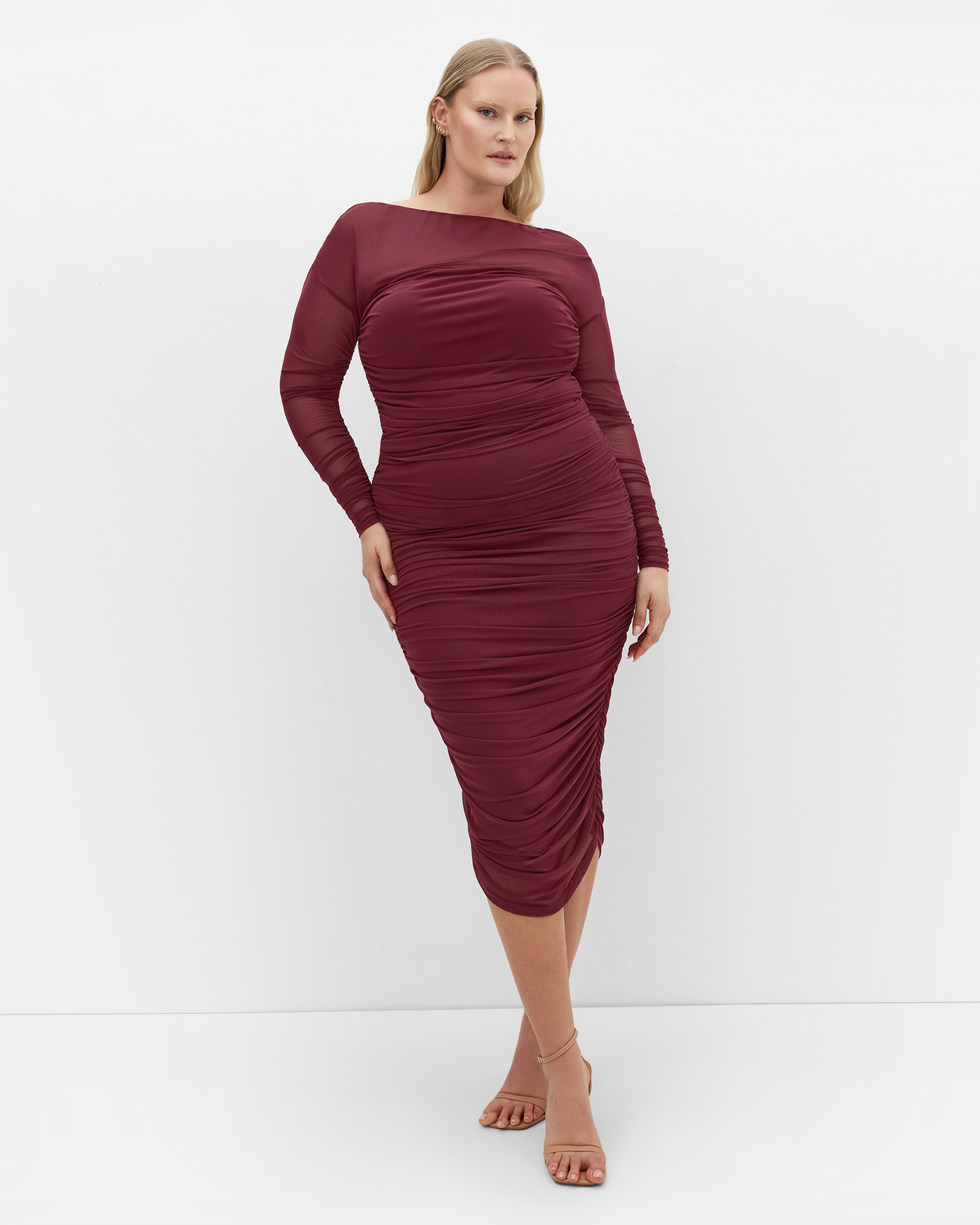 Plus size Anastasia Ruched Midi Skirt - choc cherry