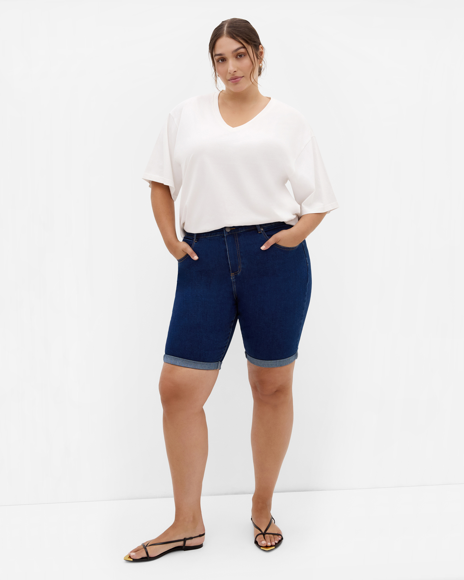Plus size Turn Up Skinny Denim Short - mid wash