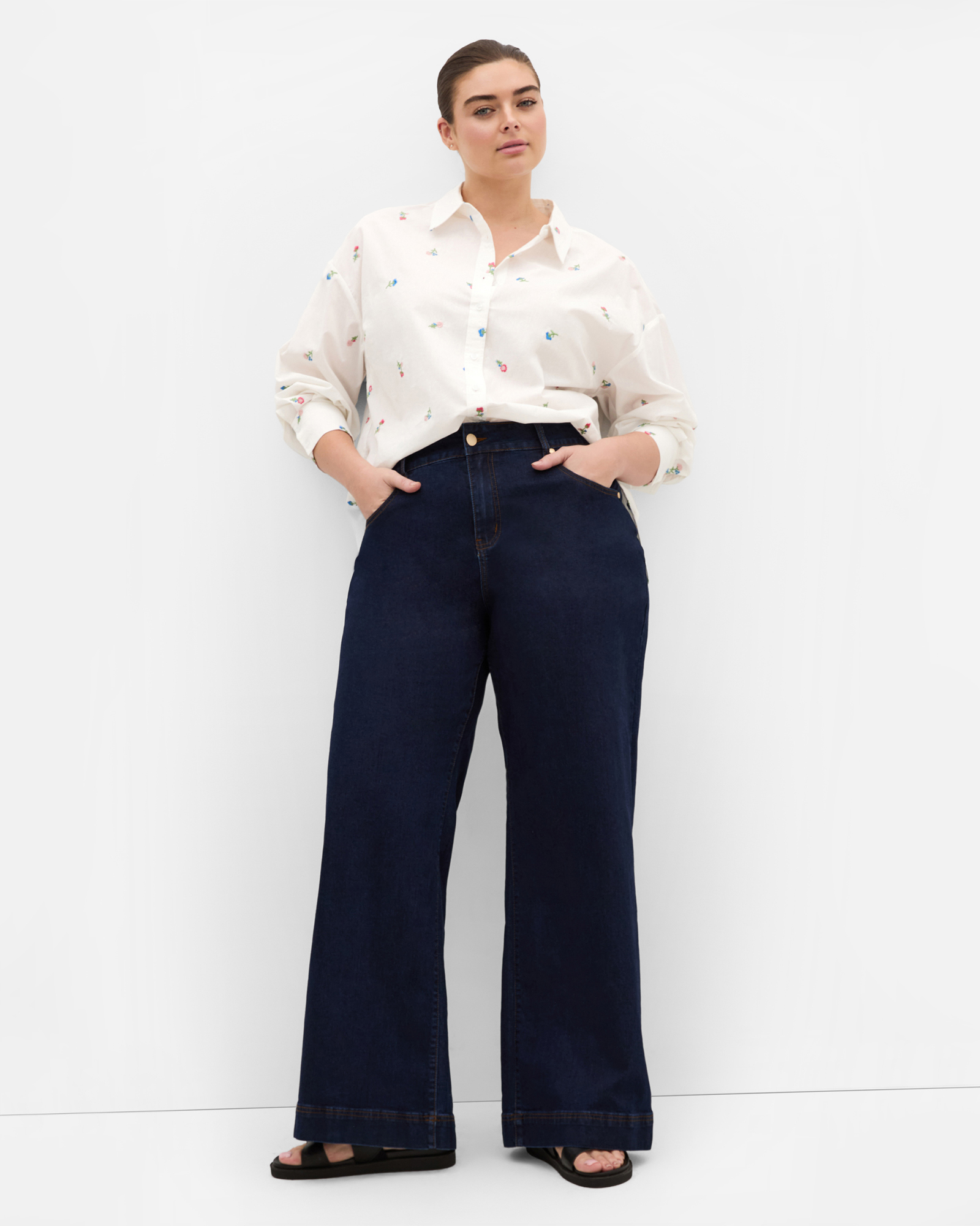Plus size Embroidery Floral Print Cotton Shirt - ivory