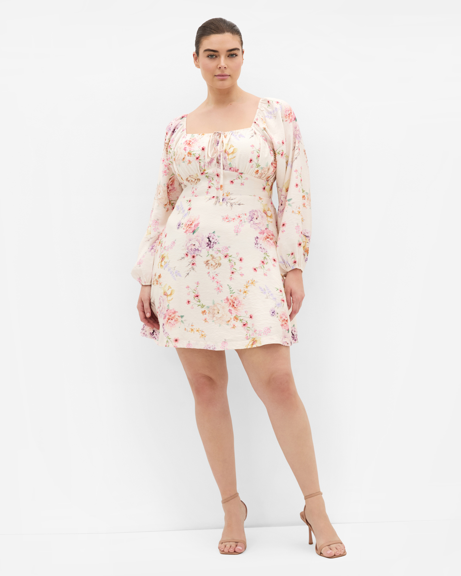 Abbie Long Sleeve Floral Print Mini Dress - Ivory