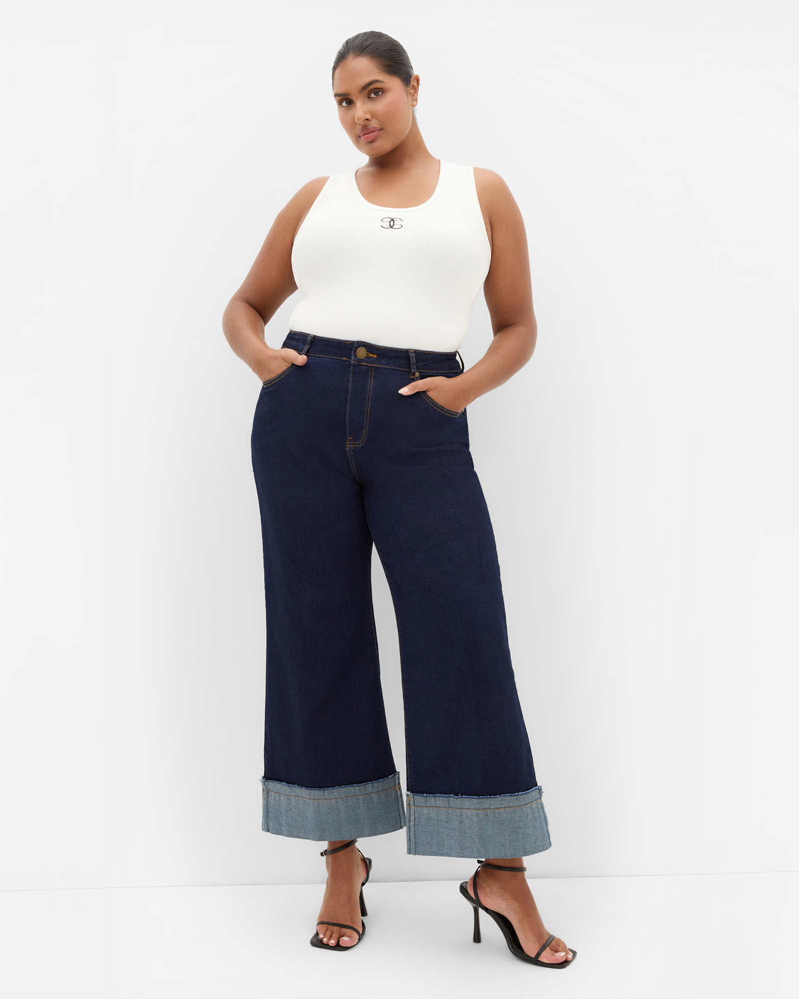 Plus size Tara Motif Rib Tank - ivory
