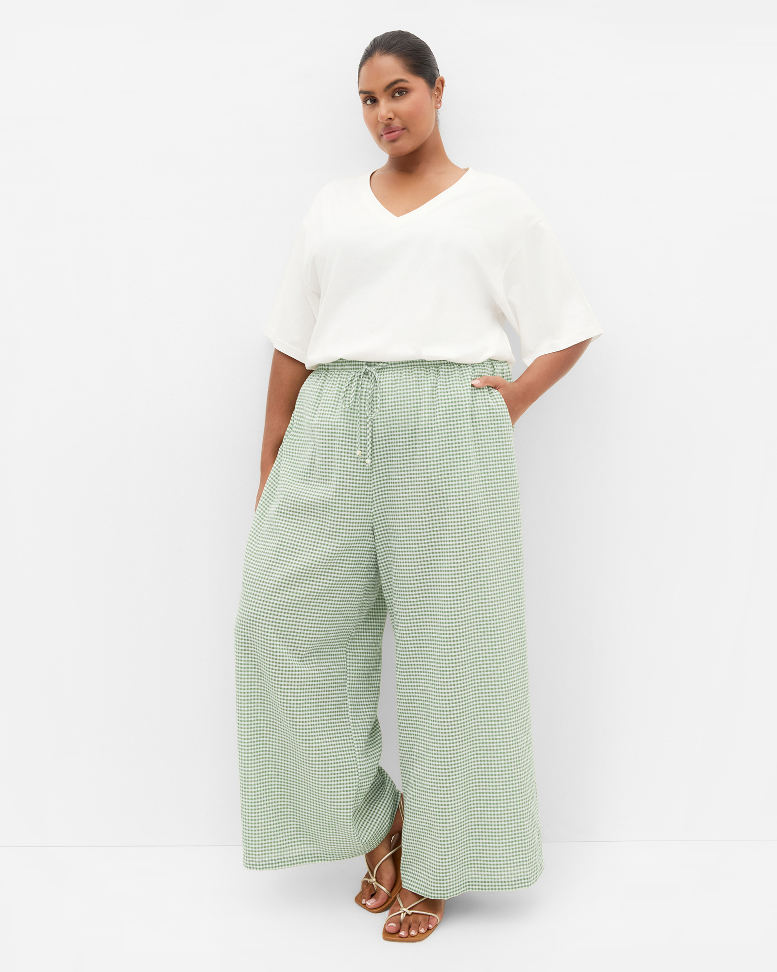 Plus size Gingham Wide Leg Pant - soft sage