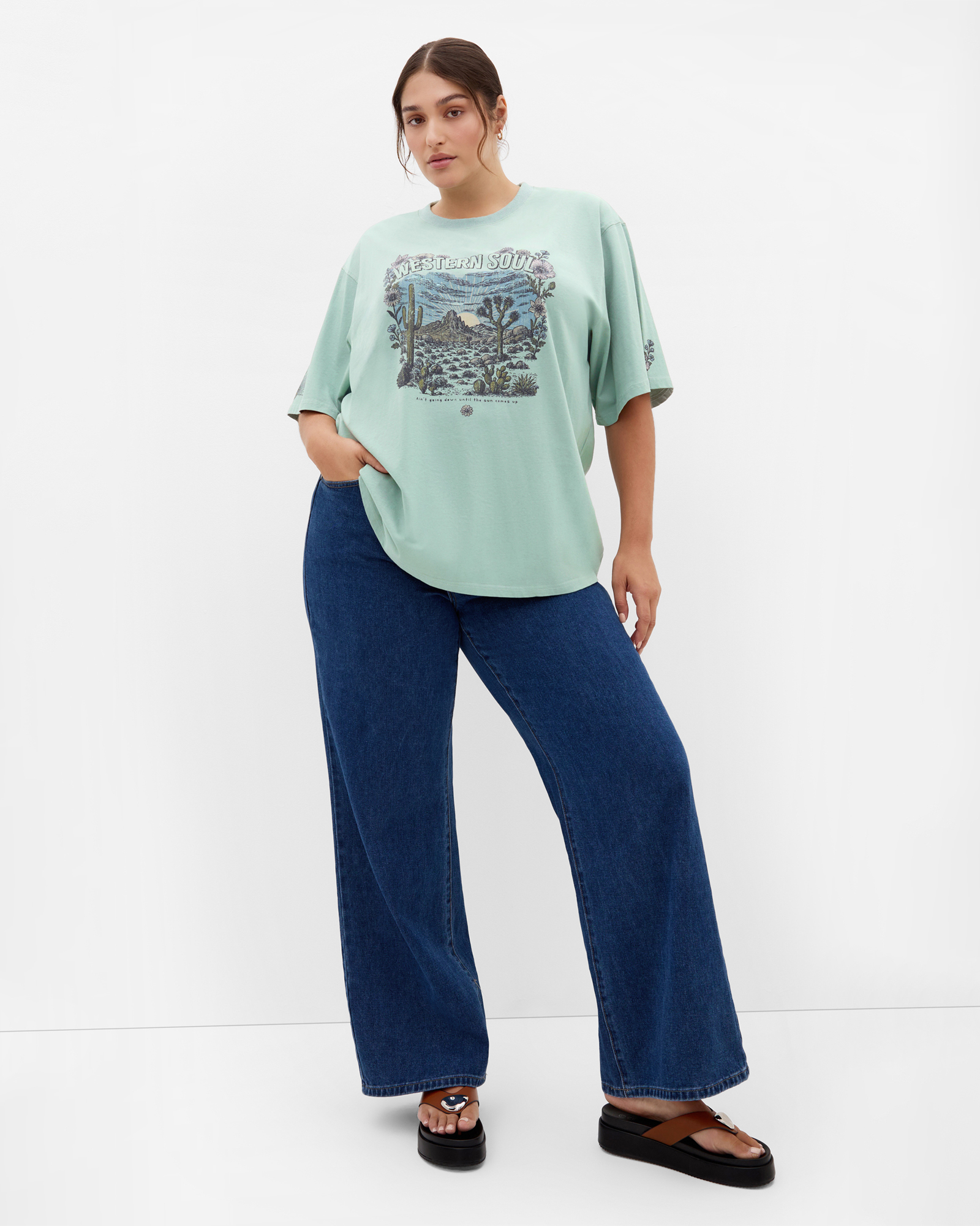 Plus size Western Soul Oversized Tee - sage