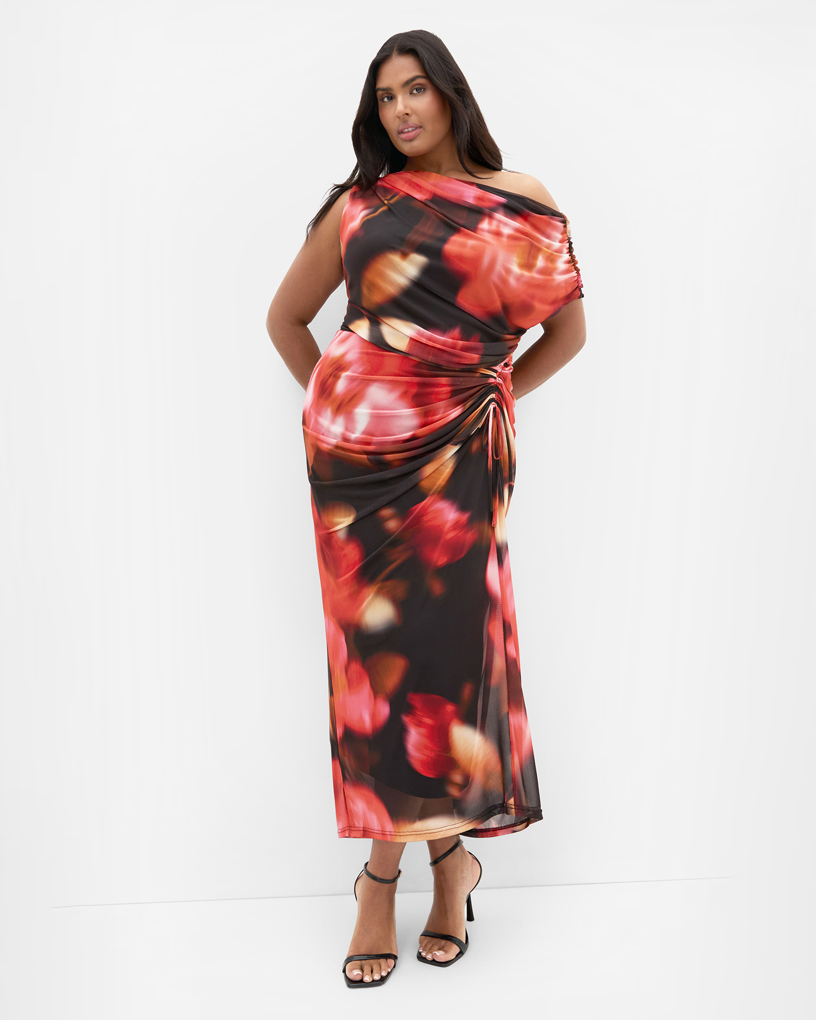 Plus size Vivid Mesh Blur Print Maxi Dress - deep scarlet