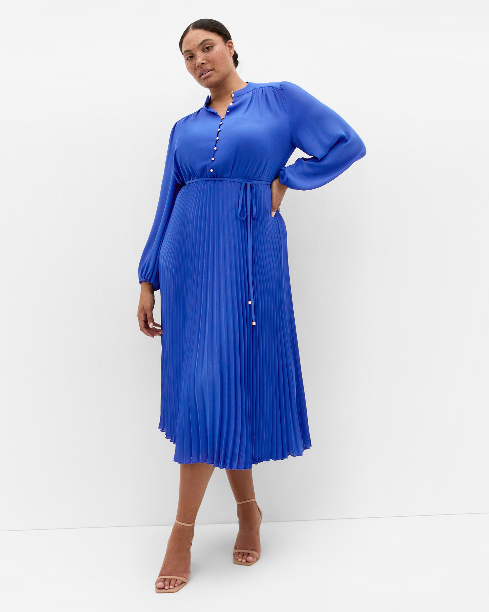 Plus size Halle Long Sleeve Pleat Dress - cerulean