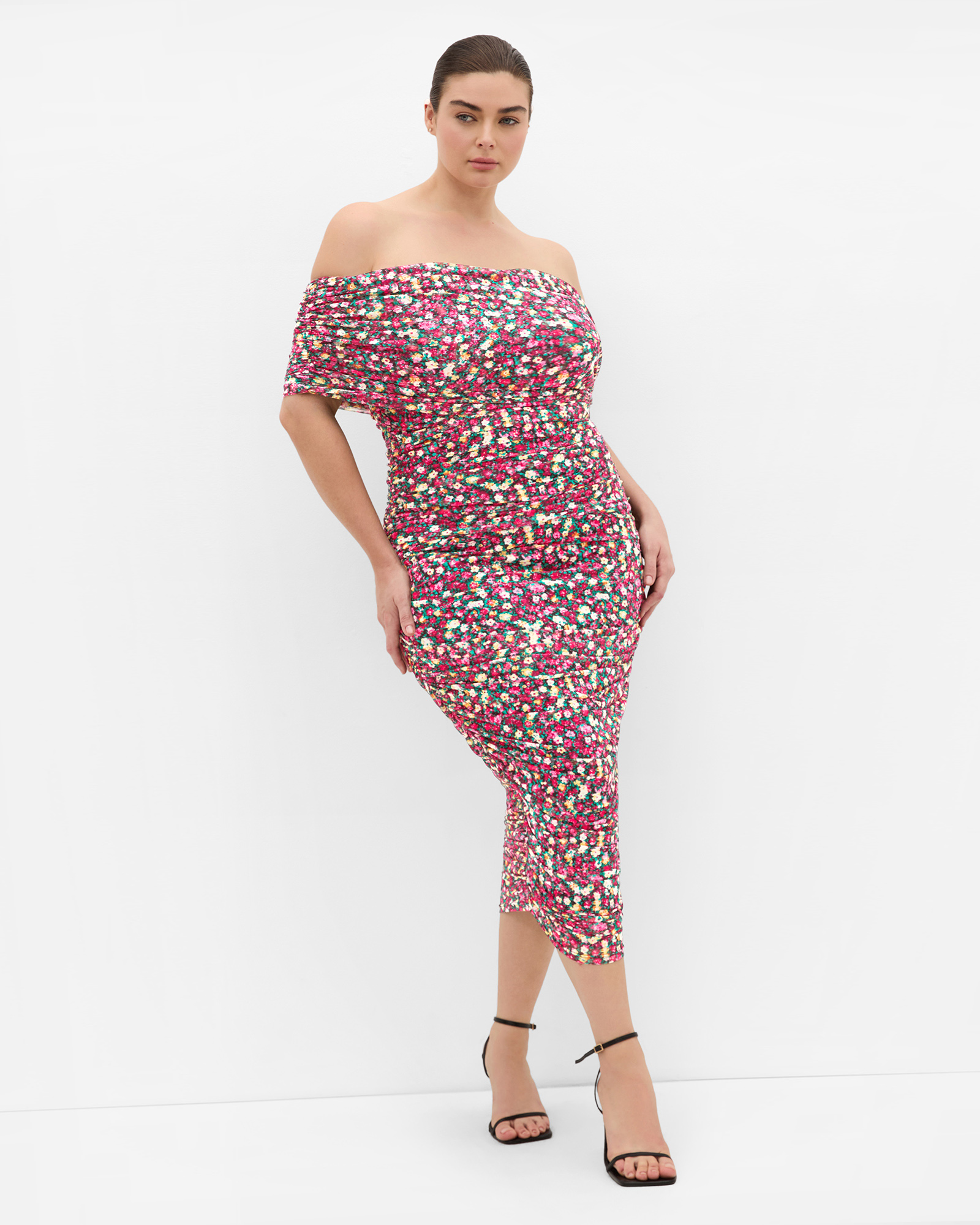 Plus Size Dana Mesh Ditsy Print Dress - pink