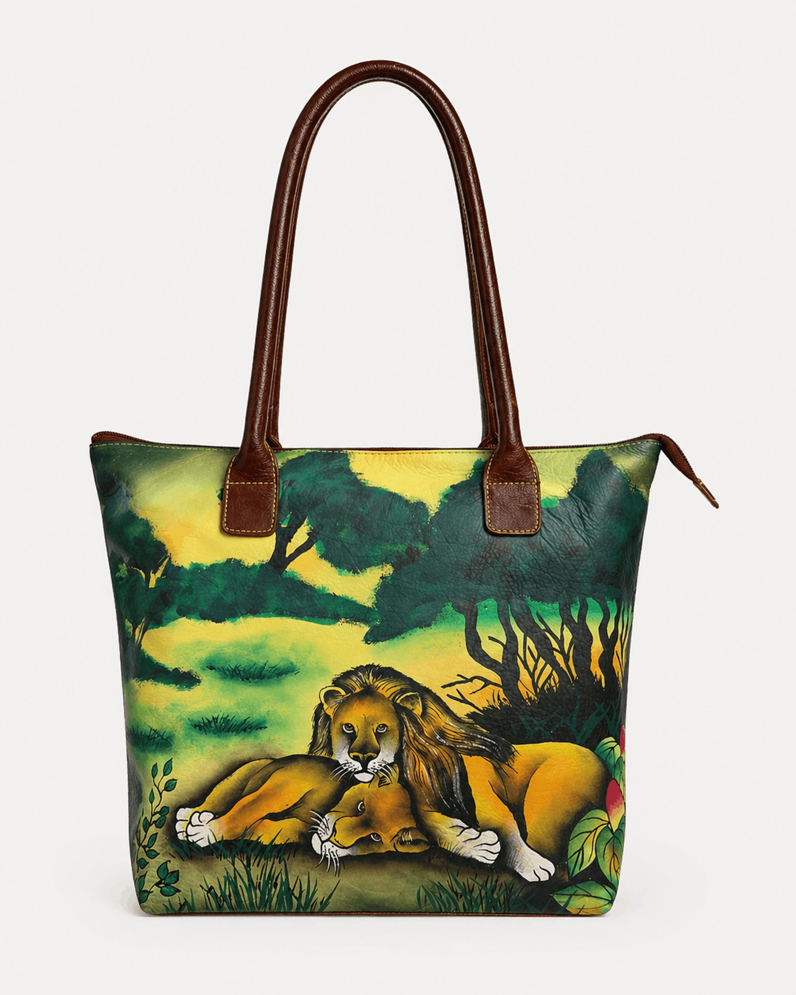 Lion Hand Painted Leather Tote