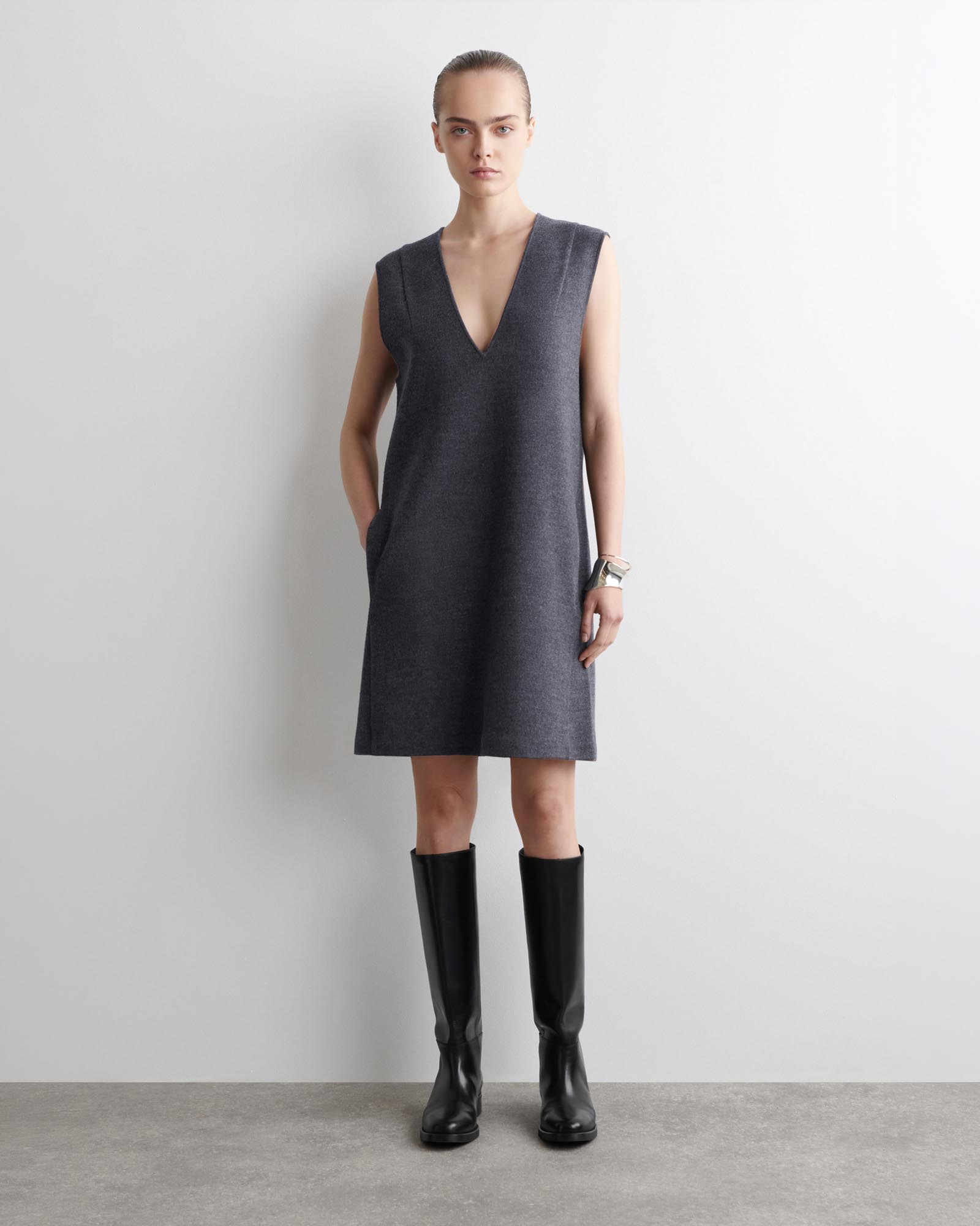 Boiled Wool V-Neck Mini Dress