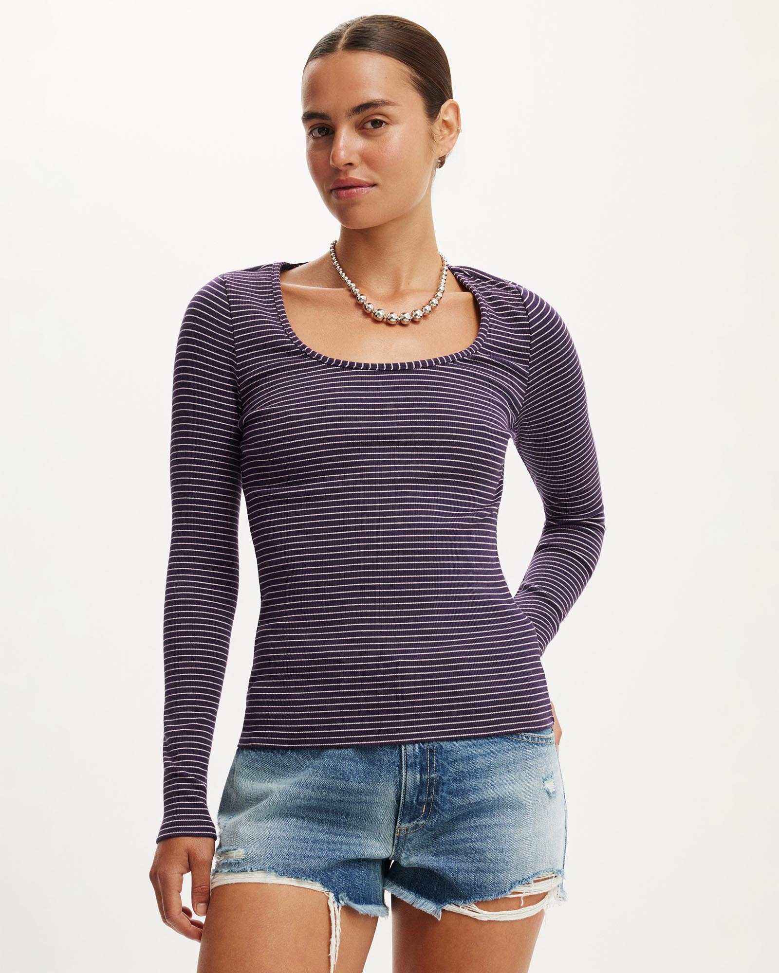 Scoop Neck Rib Long Sleeve Top