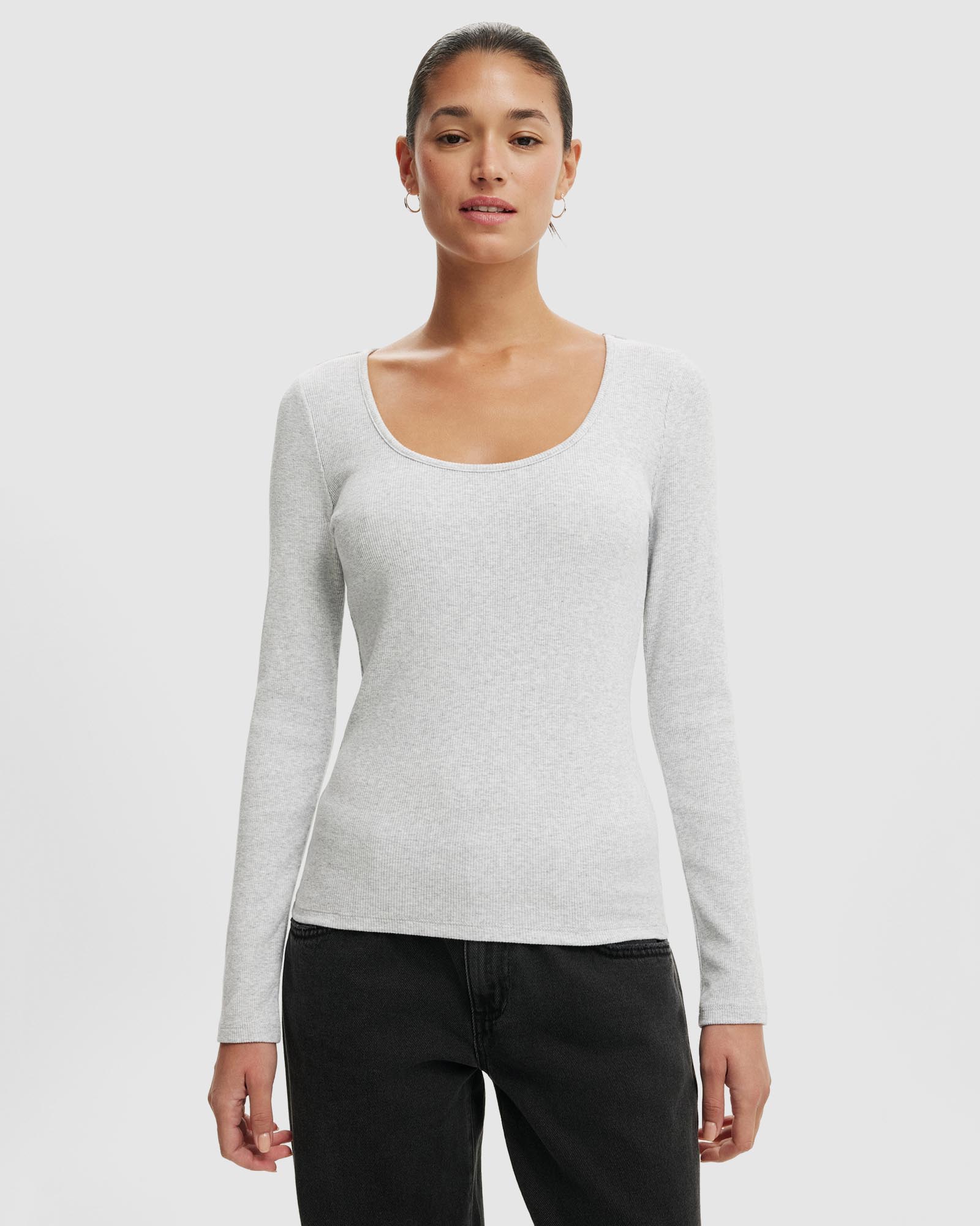 Scoop Neck Rib Long Sleeve Top