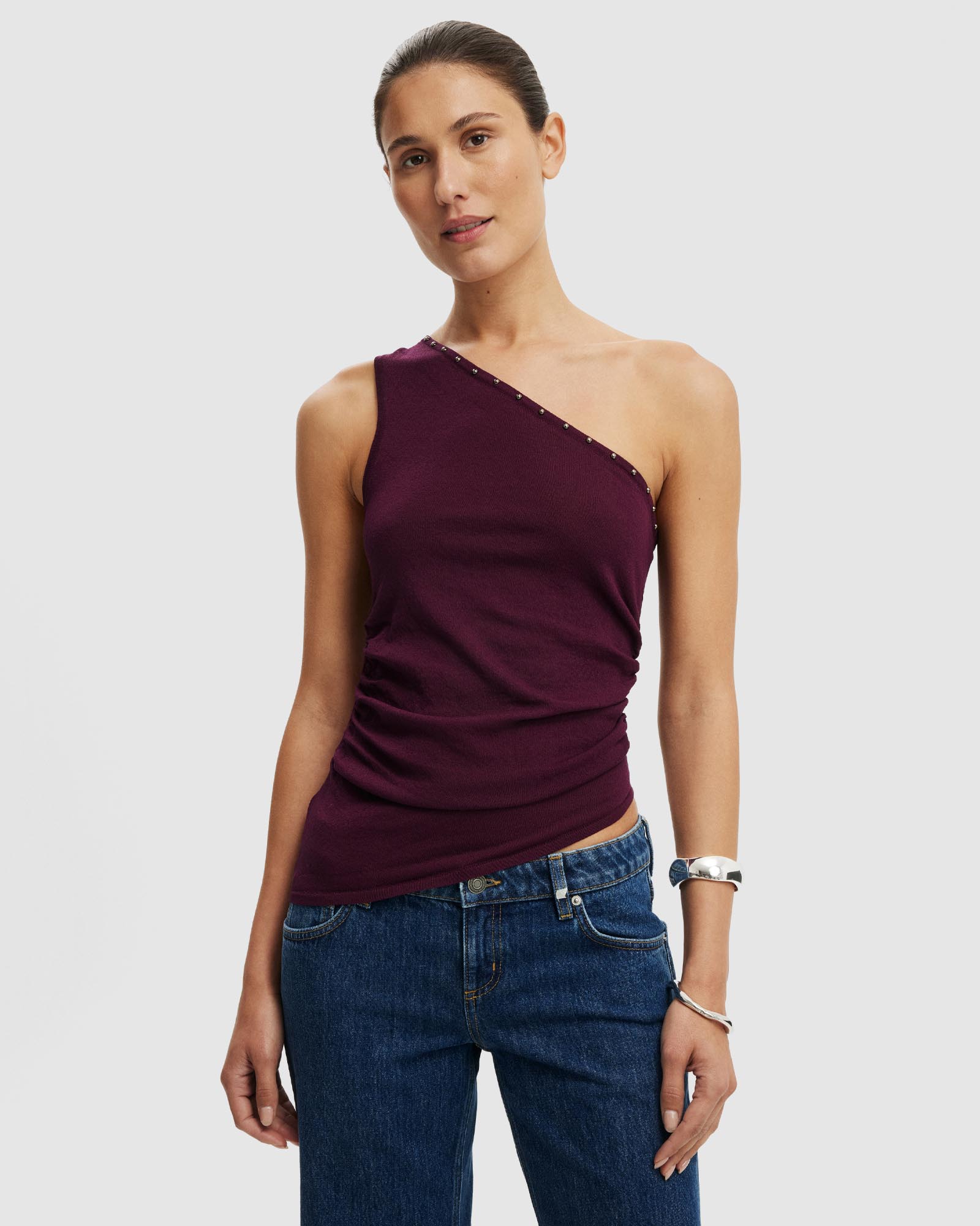 Stud Trim Asym Knit Top