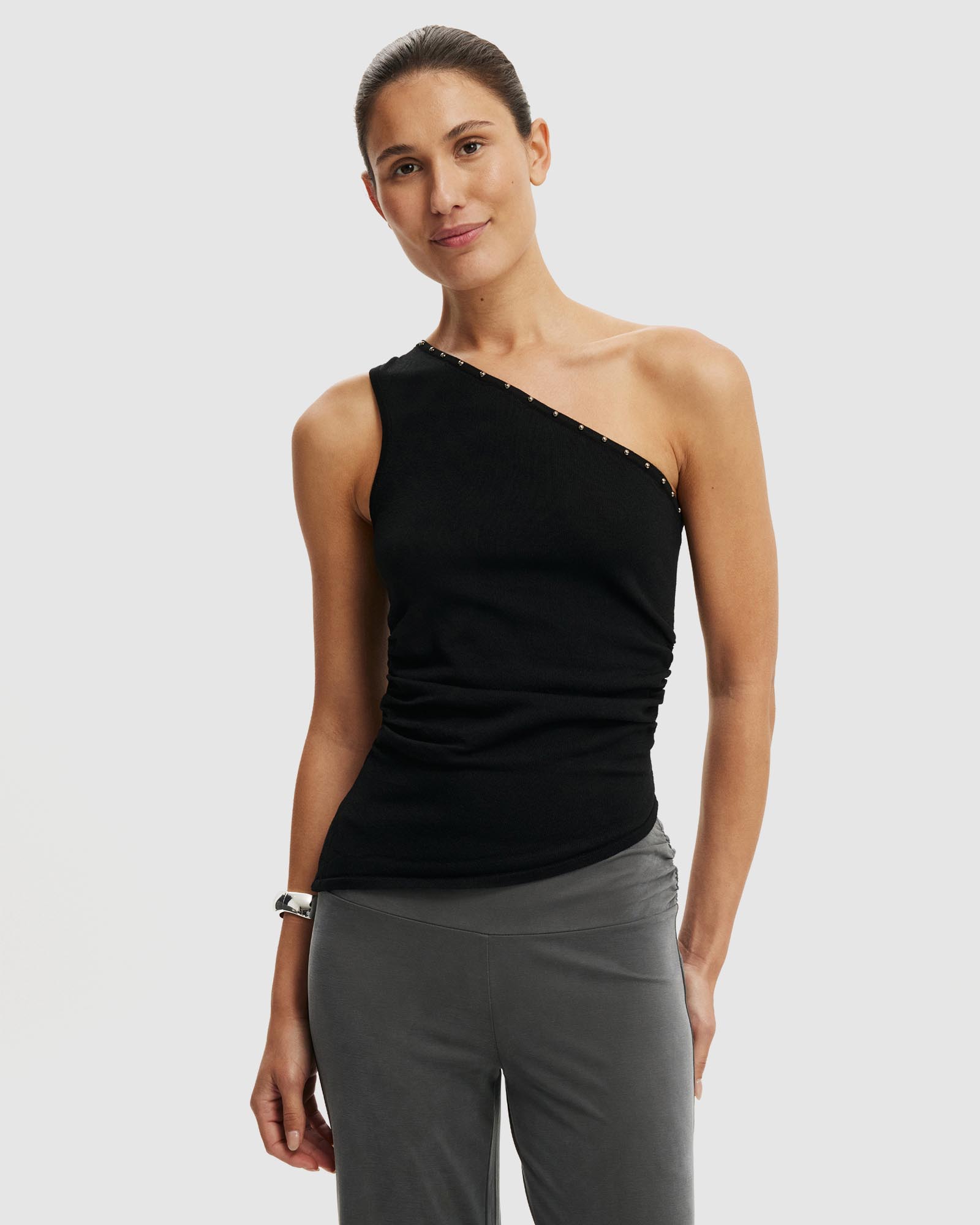 Stud Trim Asymmetrical Knit Top