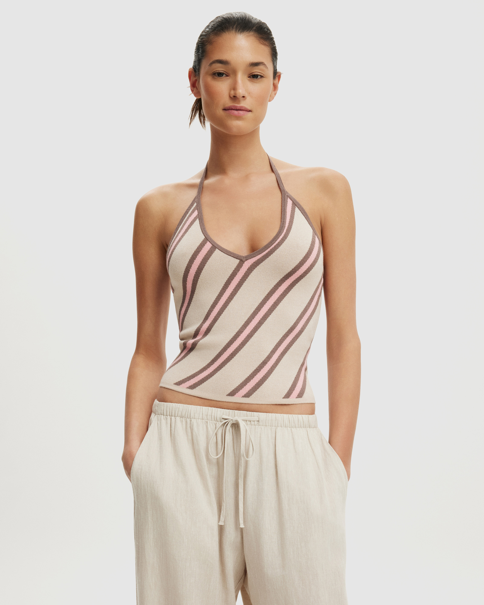 Contrast Bind Halter Knit Top