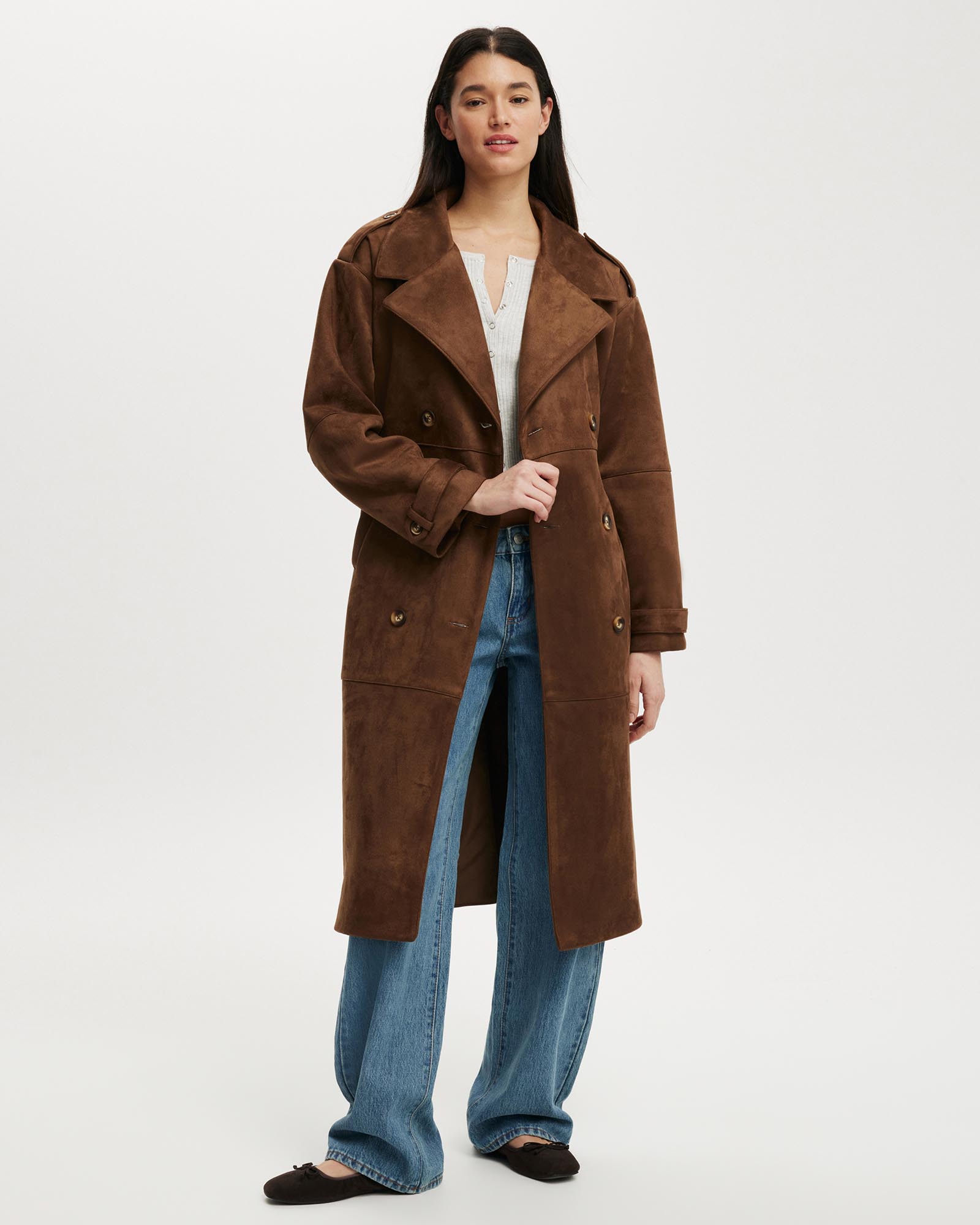 Faux Suede Trench Coat