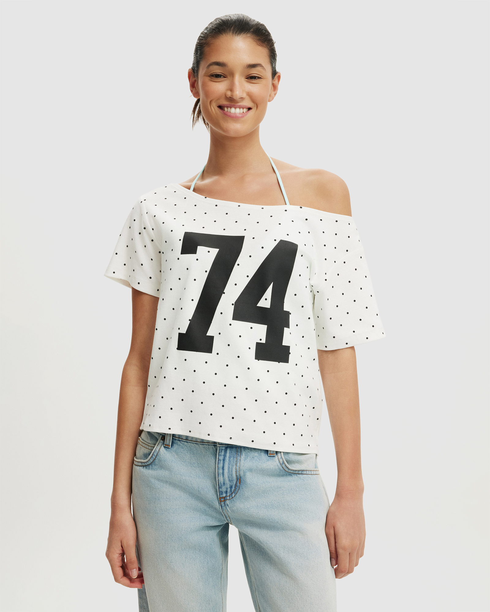 Sporty off Shoulder Graphic Tee