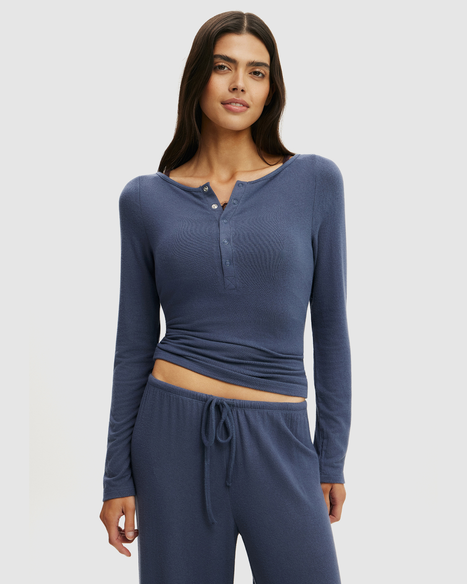 Super Soft Boat Neck Henley Long Sleeve Top