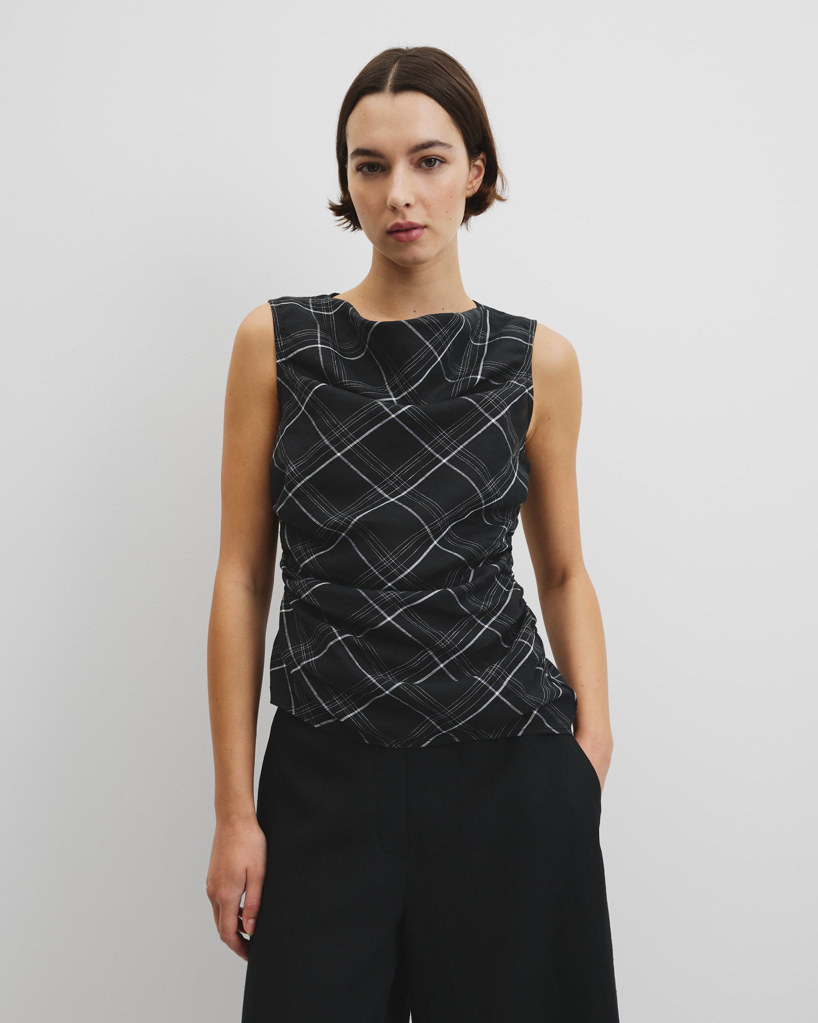 Organically Grown Linen Check Ruched Linen Tank