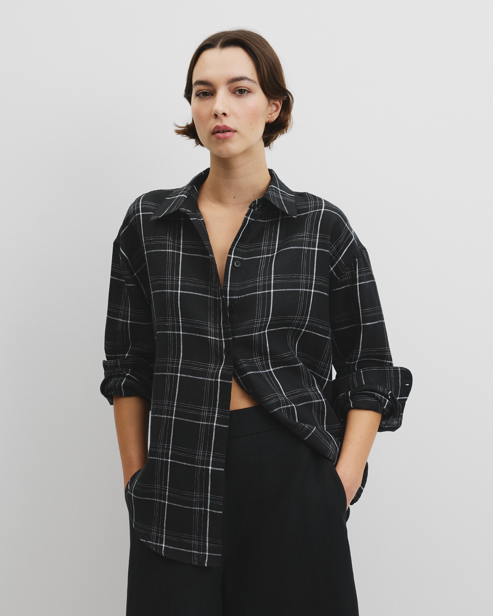 Organically Grown Linen Relaxed Fit Long Sleeve Check Shirt
