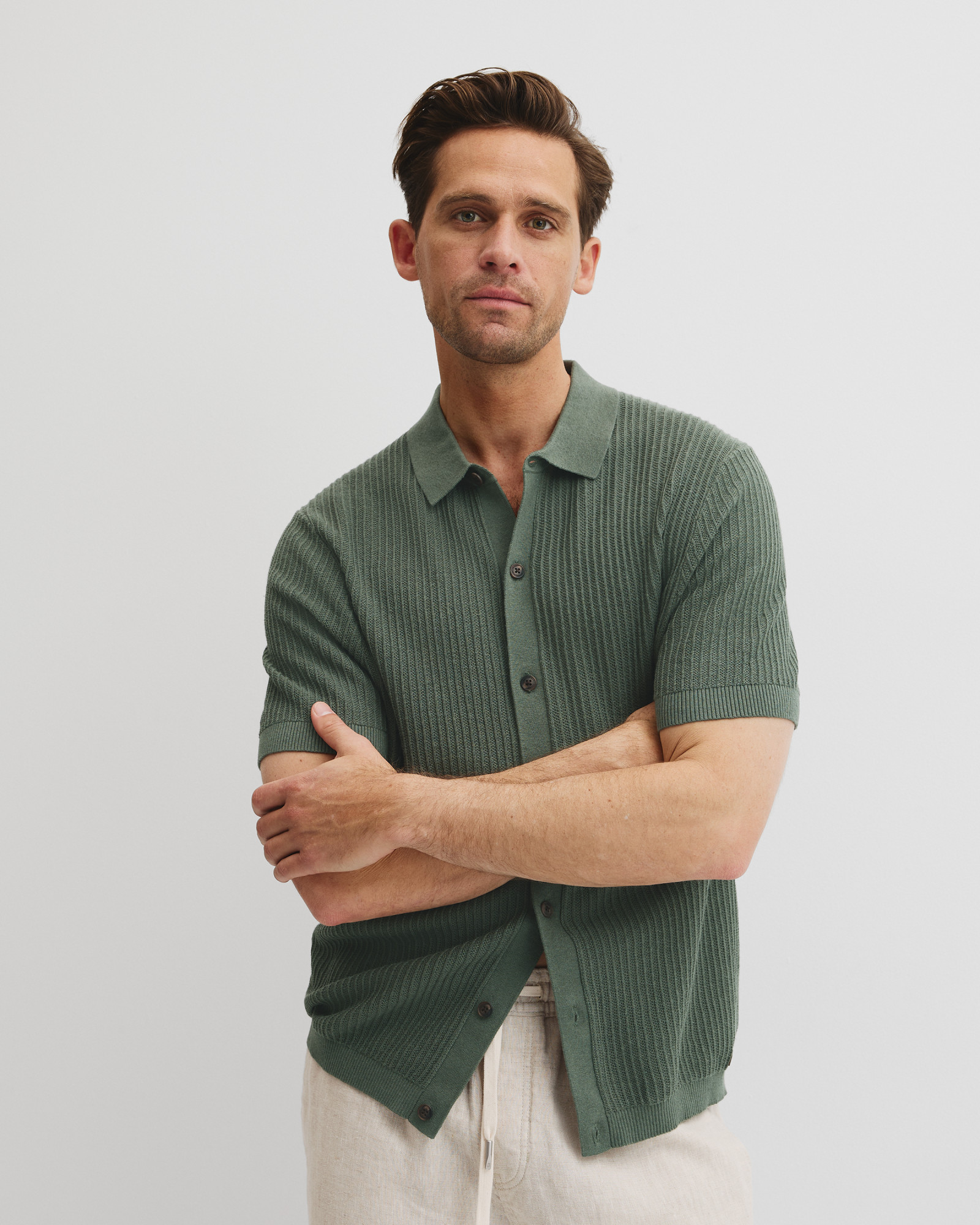 Short Sleeve Cotton Linen Knit Shirt