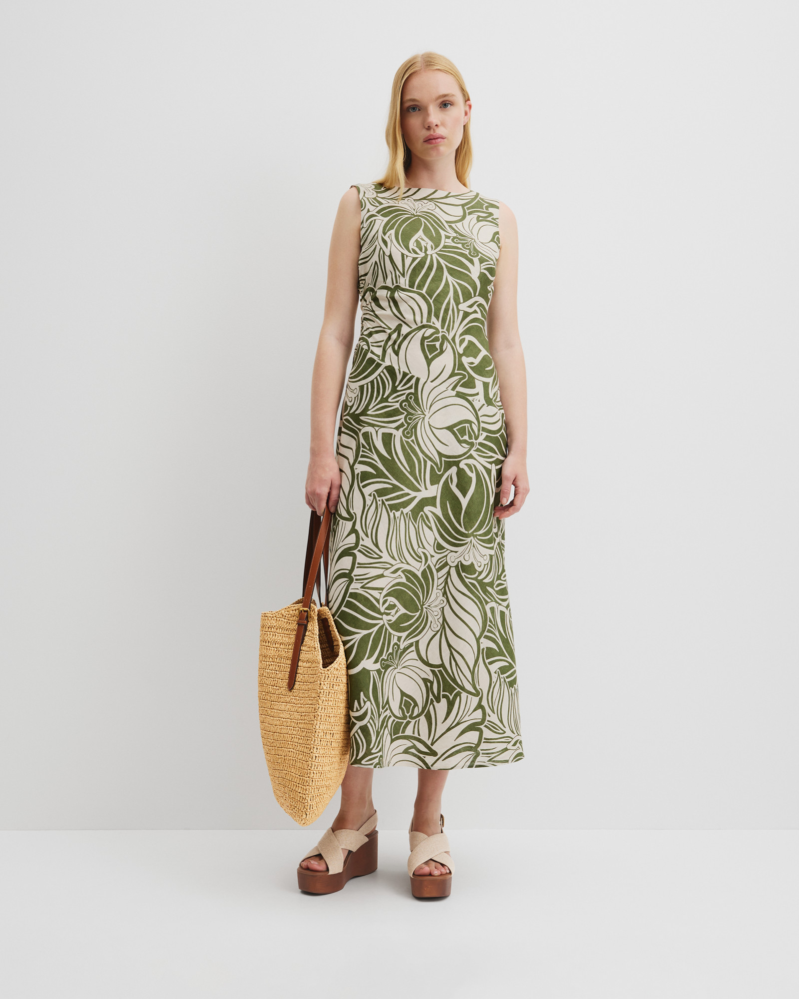 Organically Grown Linen Print Rouched Maxi Dress