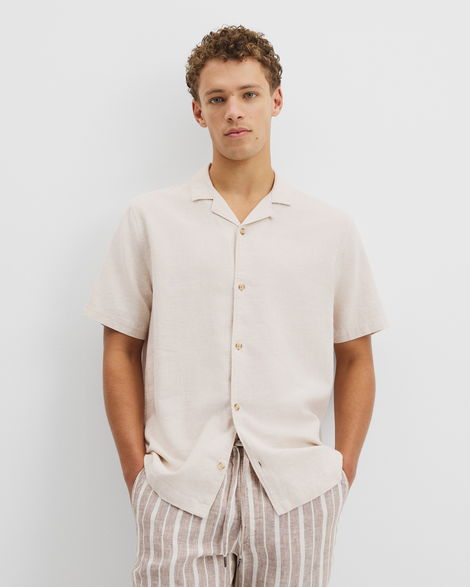 Short Sleeve Cotton Linen Basket Weave Shirt