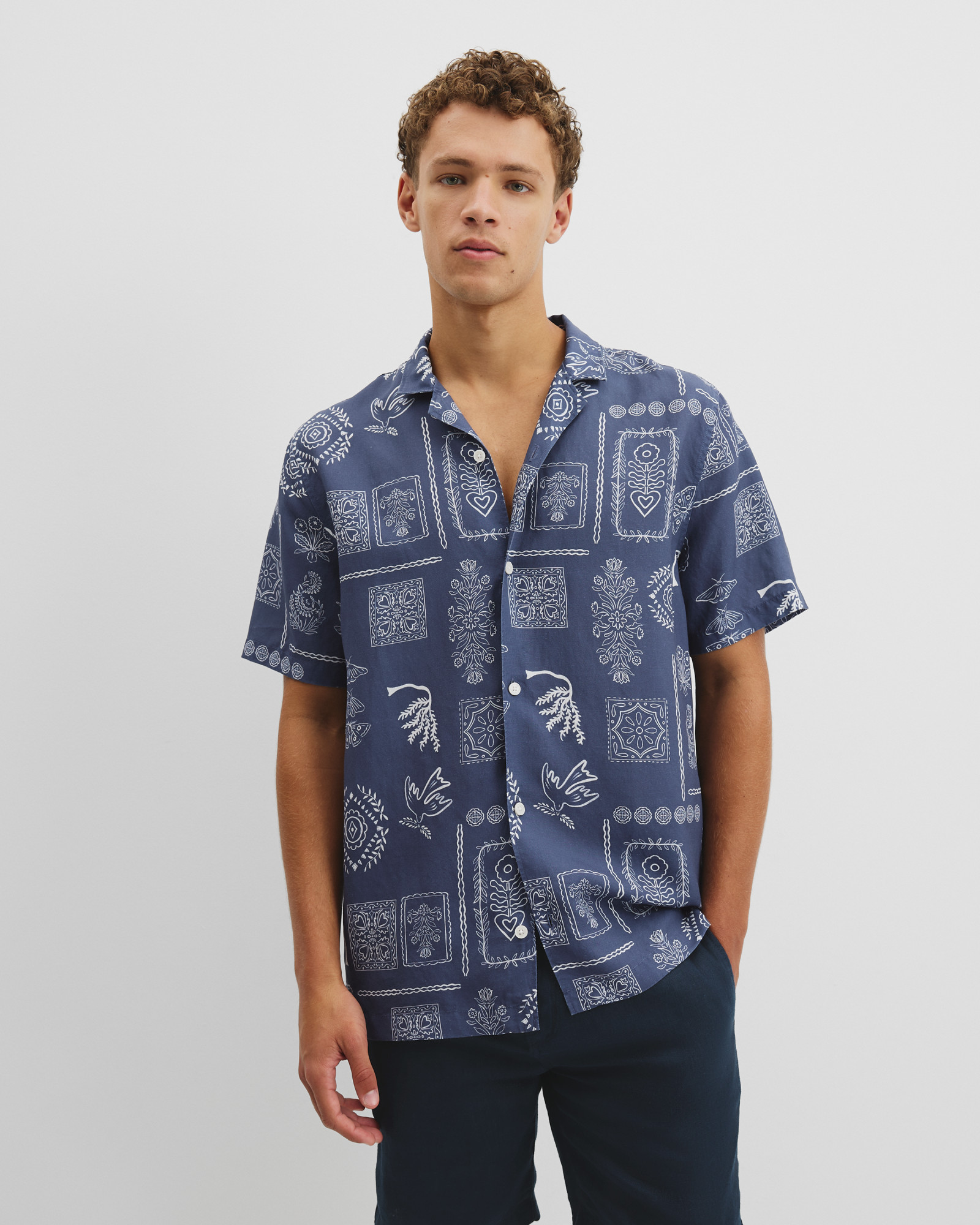 Short Sleeve Tencel Linen Stamp Print Shirt