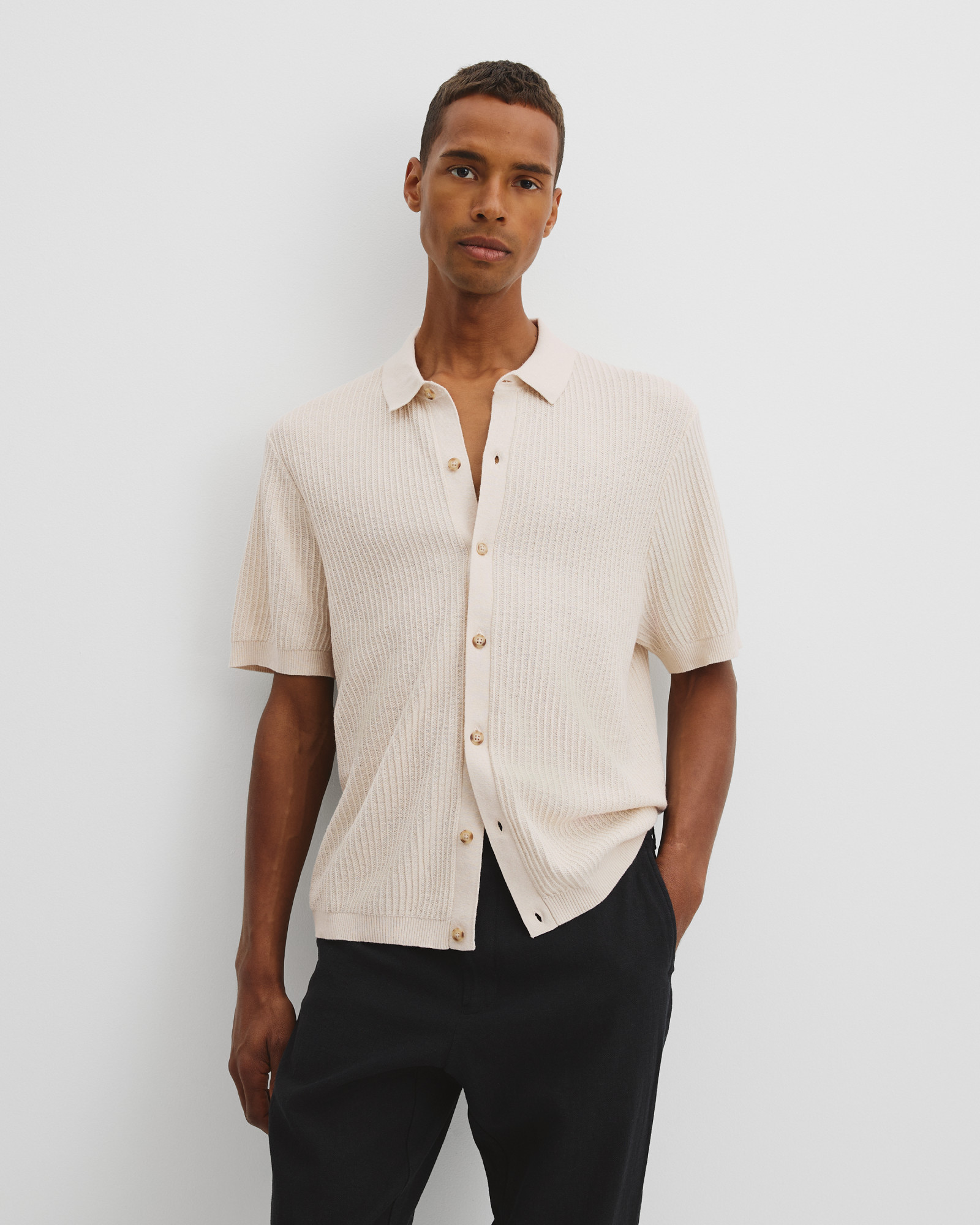Short Sleeve Cotton Linen Knit Shirt