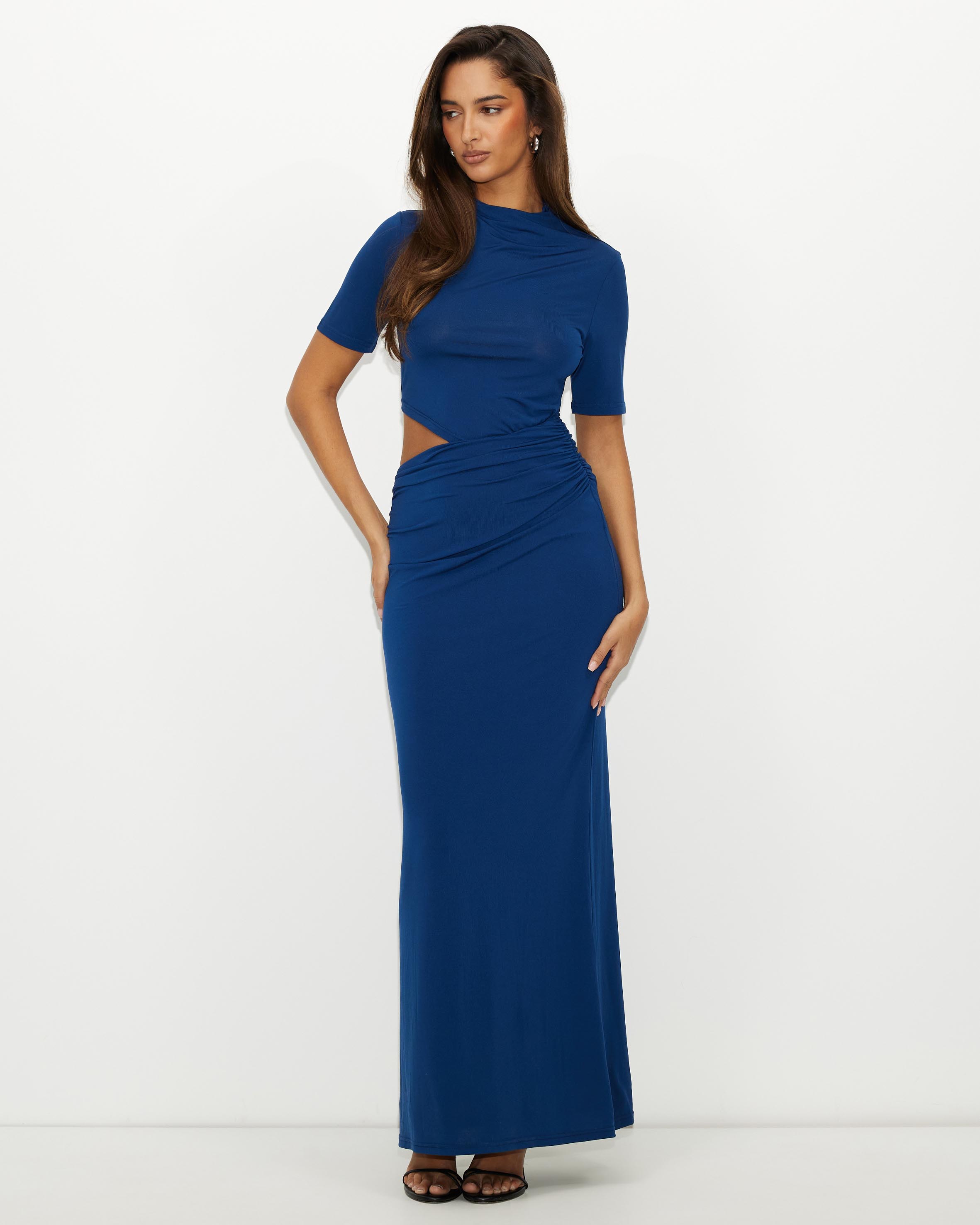 Evening Gem Ruched Cut Out Short Sleeve Jersey Maxi Dress