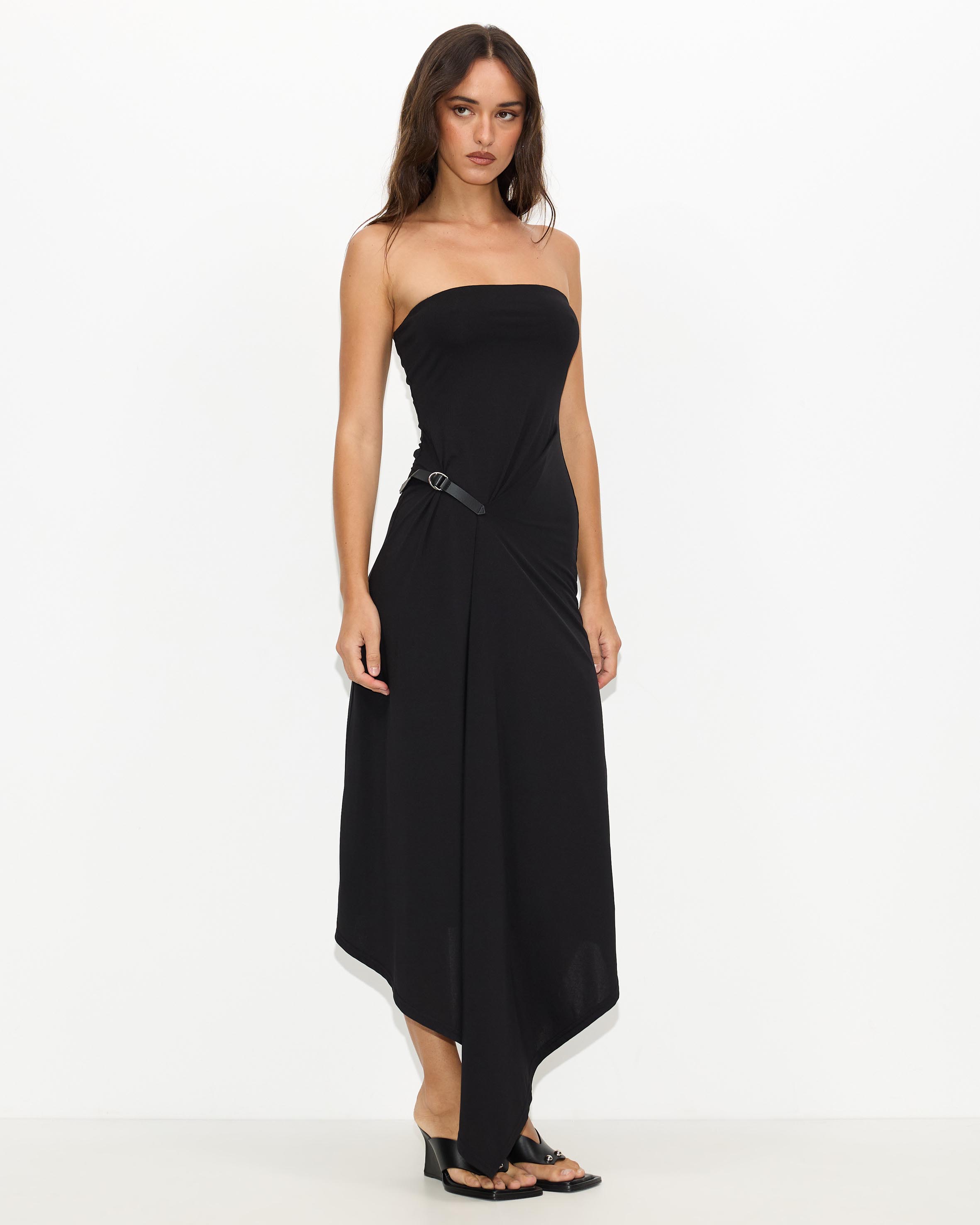 Cleo Strapless Belted Asymmetrical Midi Dress