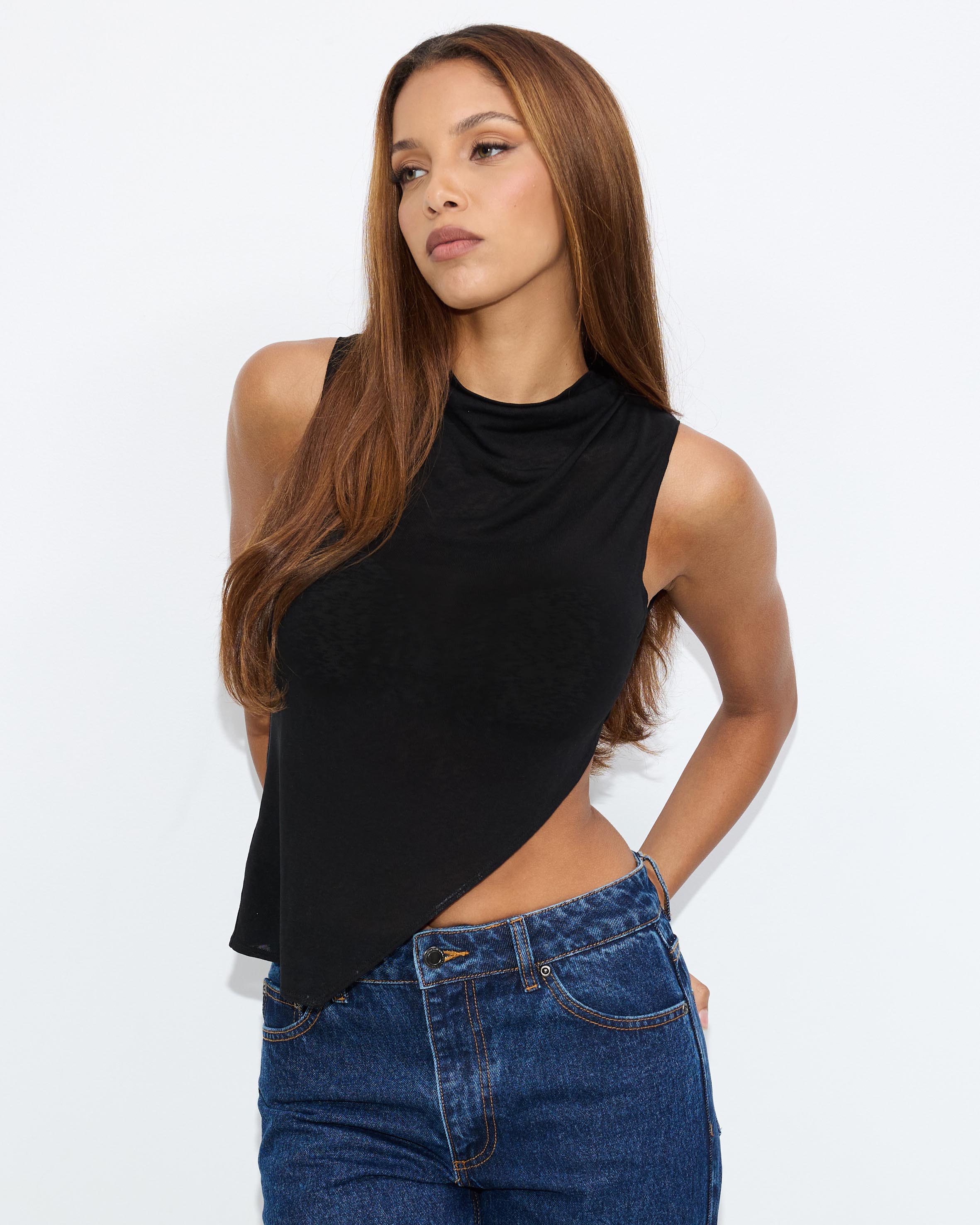 Frankie Sheer High Neck Asymmetrical Top