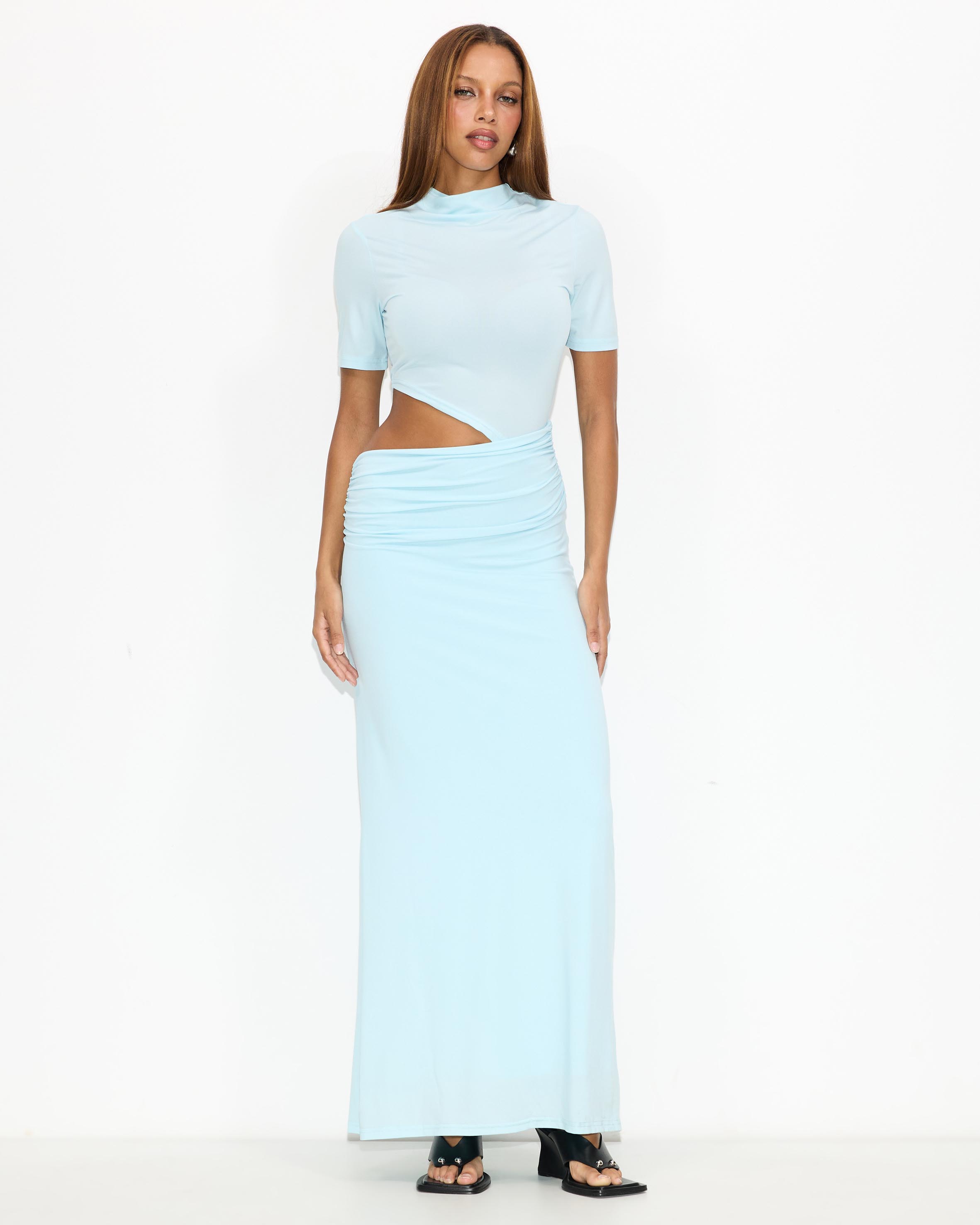 Evening Gem Ruched Cut Out Short Sleeve Jersey Maxi Dress