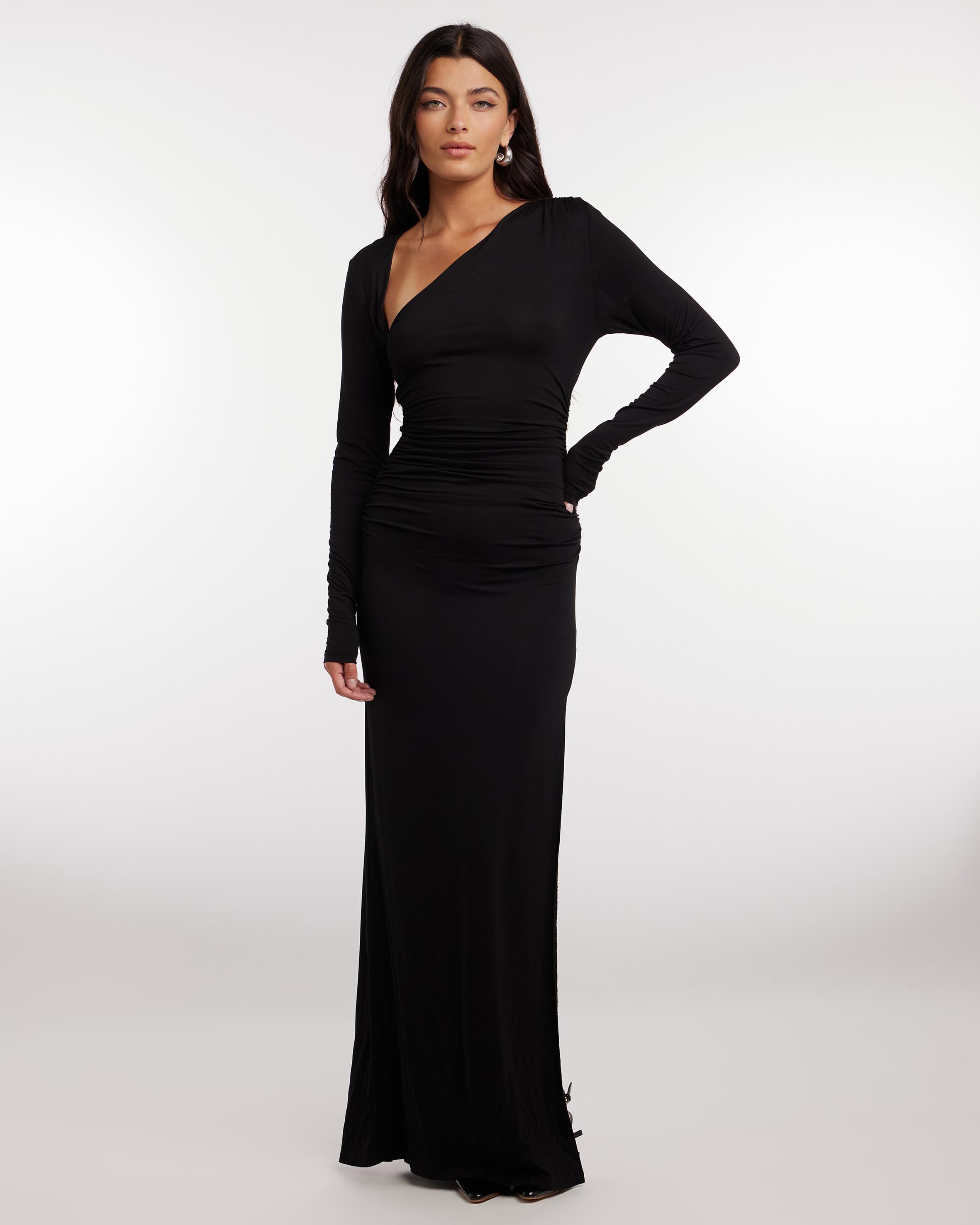 Love Me Asymmetric Cut Out Neckline Long Sleeve Maxi Dress