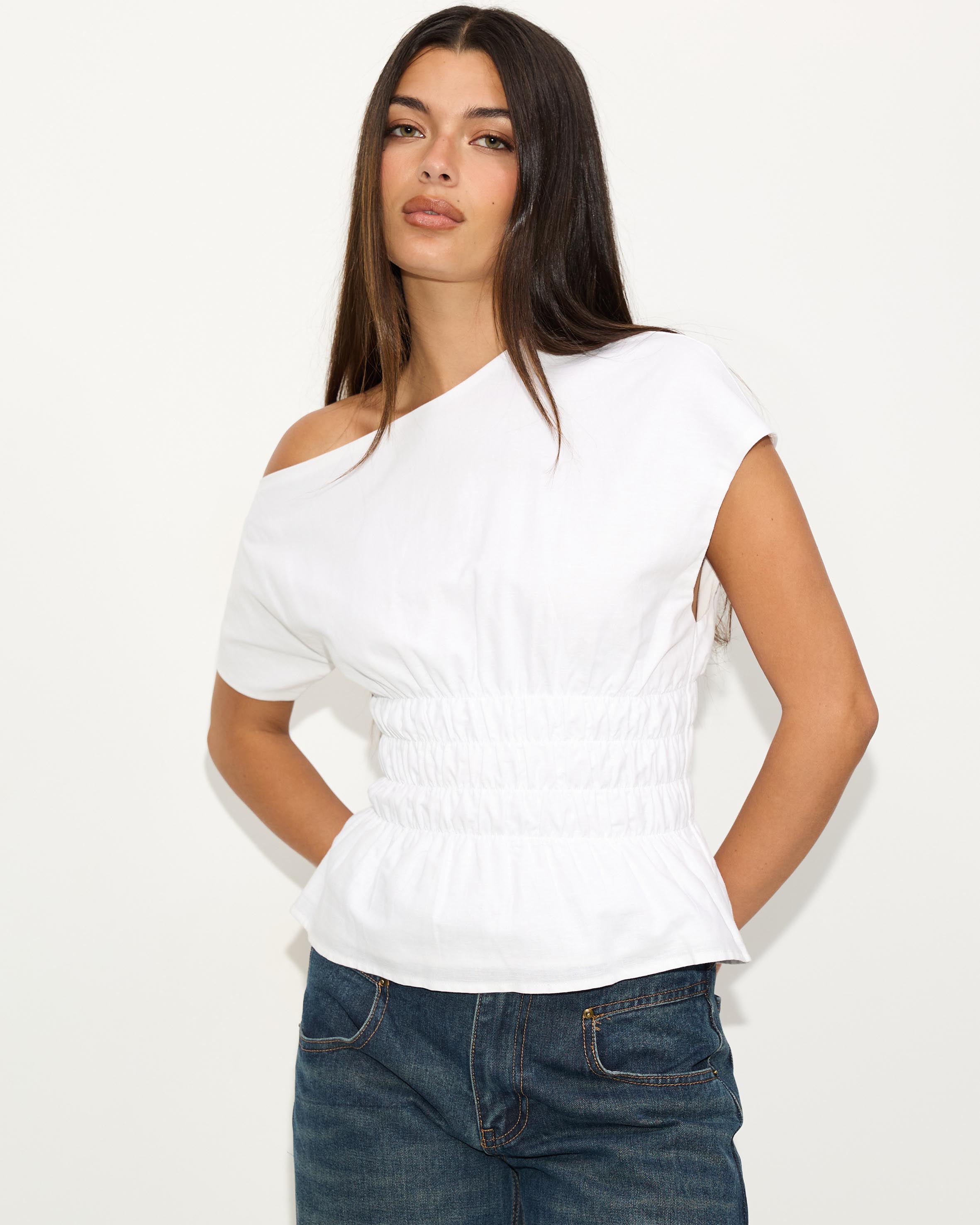 Crushing On You Ruched One Shoulder Linen Blend Top