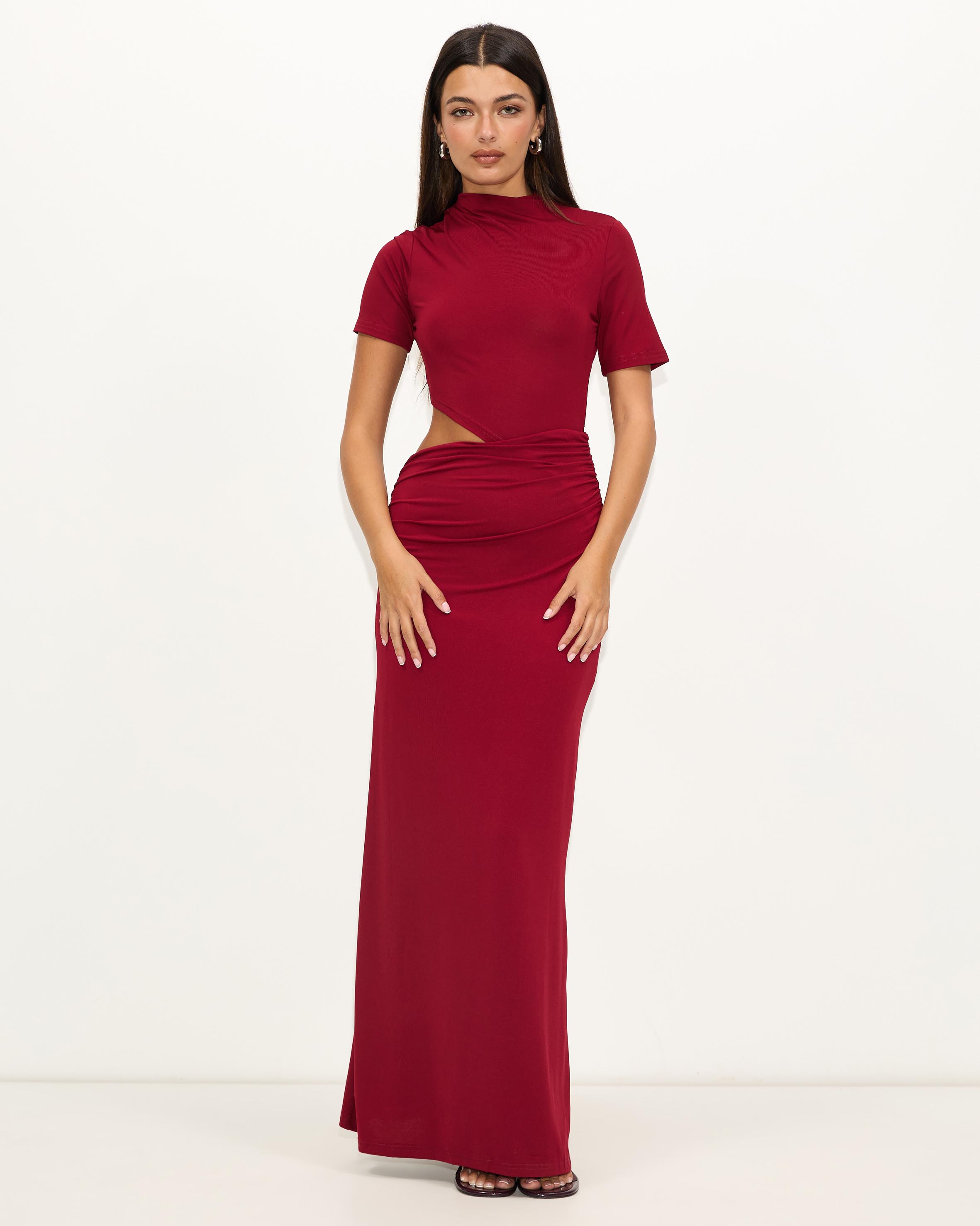 Evening Gem Ruched Cut Out Short Sleeve Jersey Maxi Dress