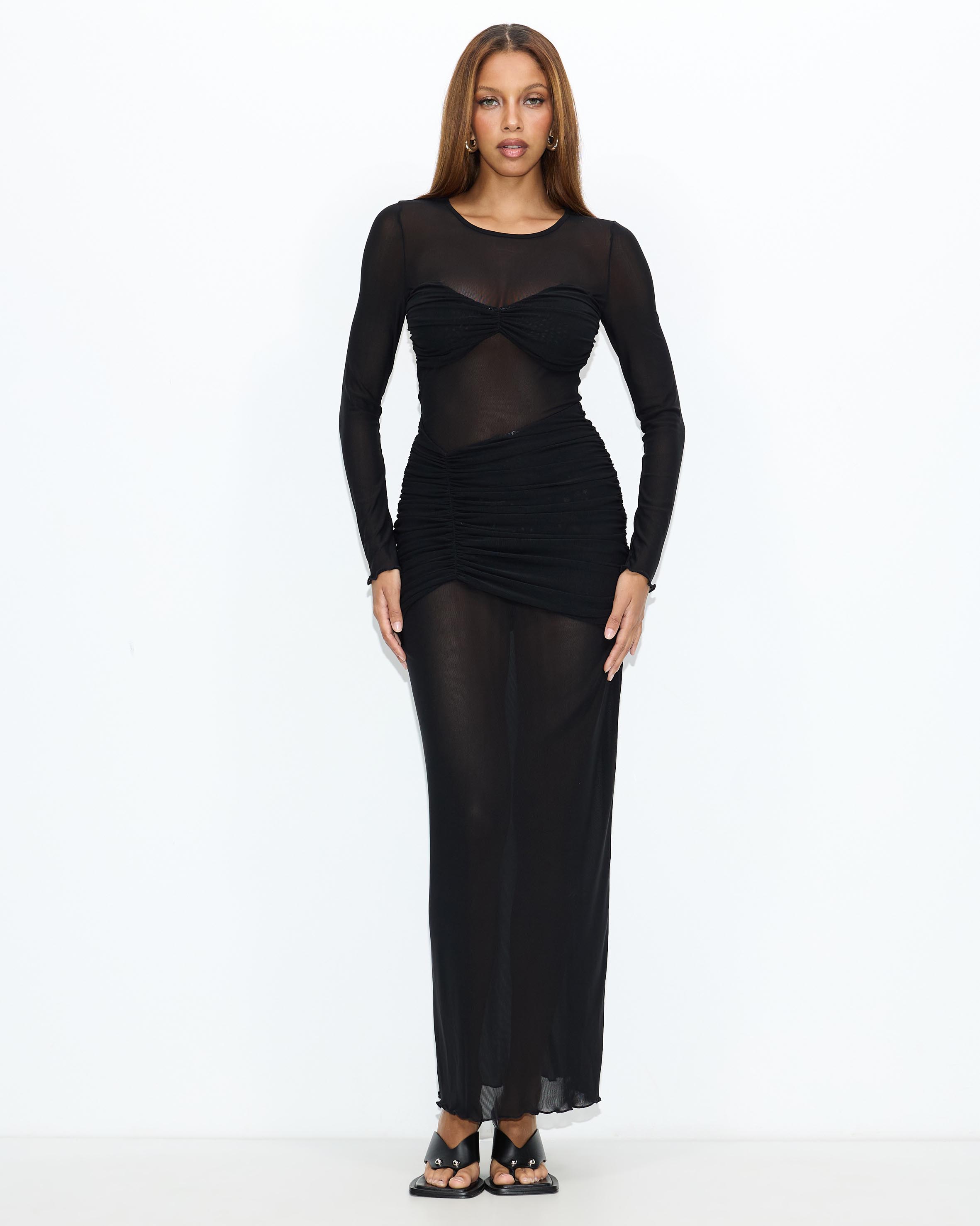 Lucia Ruched Mesh Maxi Dress