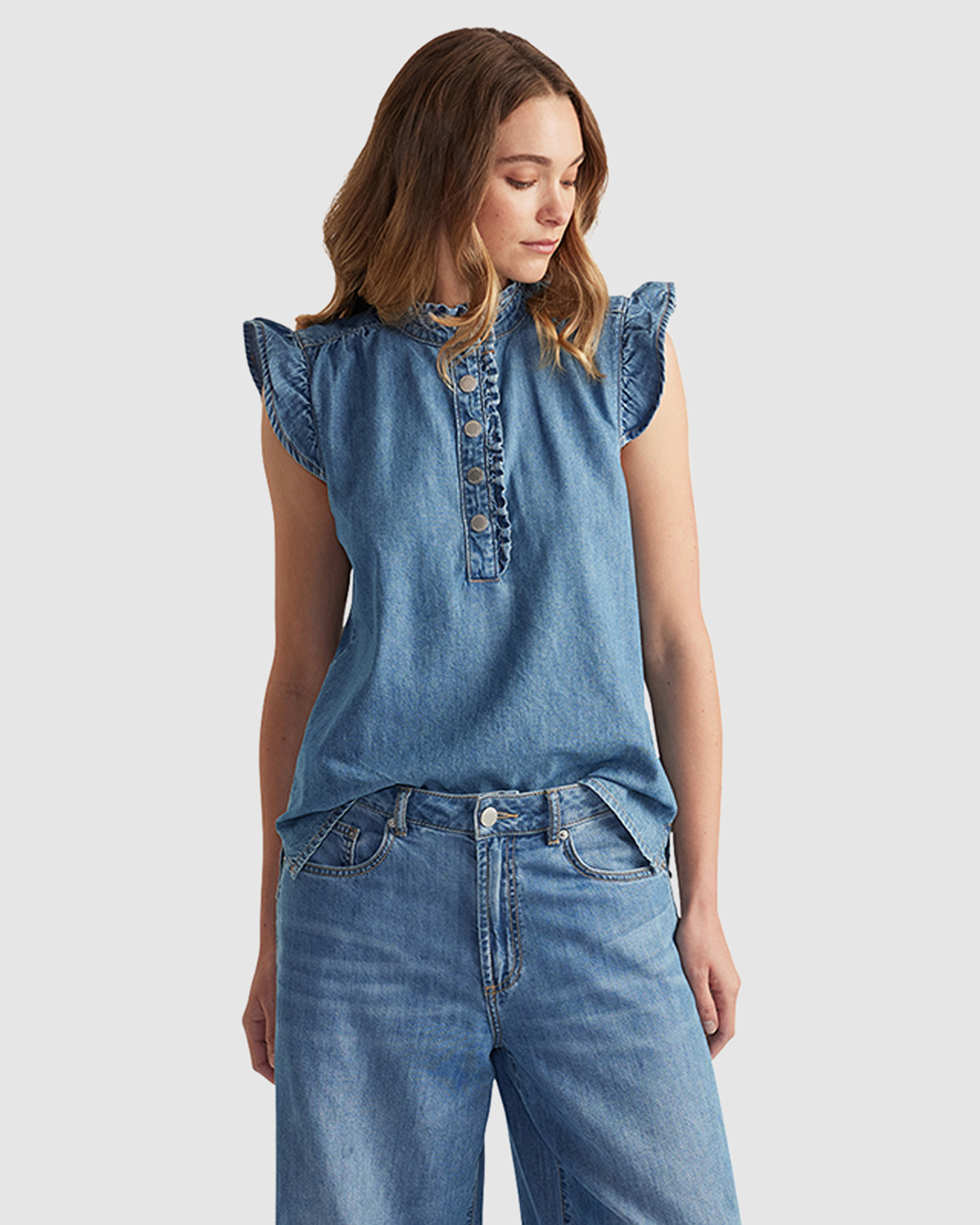 Celeste Denim Ruffle Blouse