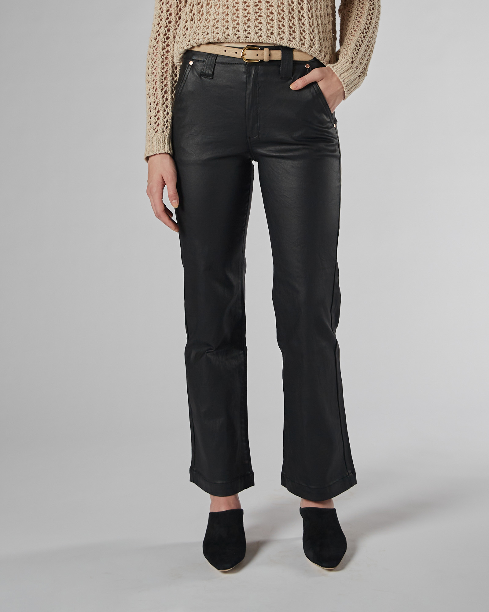 Misika Coated Black Kick Flare Trousers