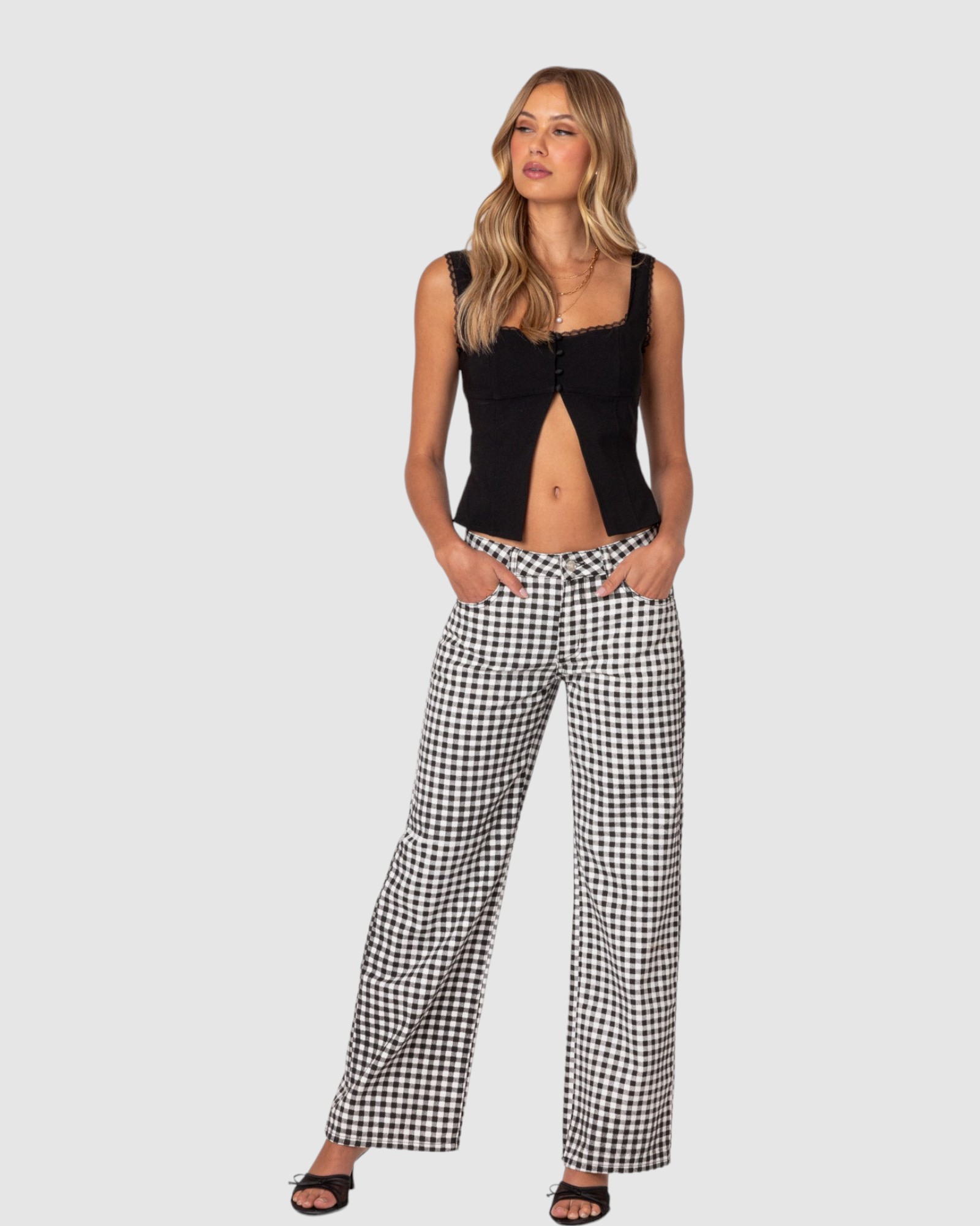 Gingham Printed Low Rise Jeans
