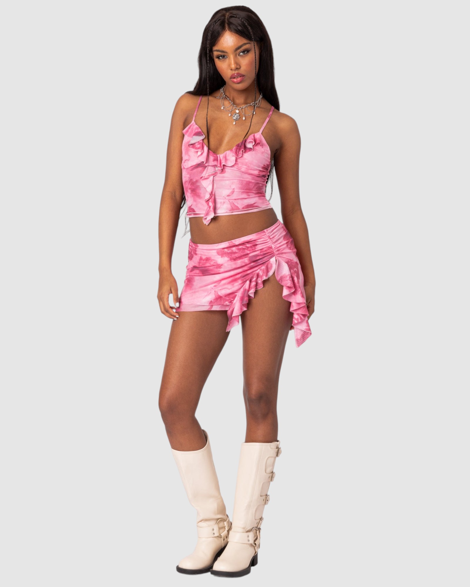 Wanda Printed Mesh Ruffled Mini Skirt