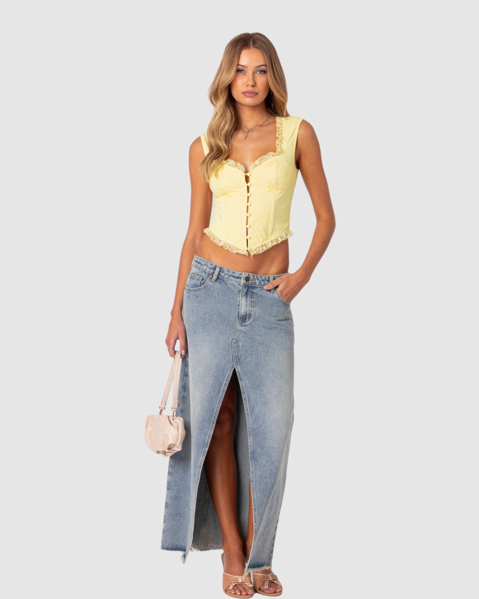 Front Slit Washed Denim Maxi Skirt